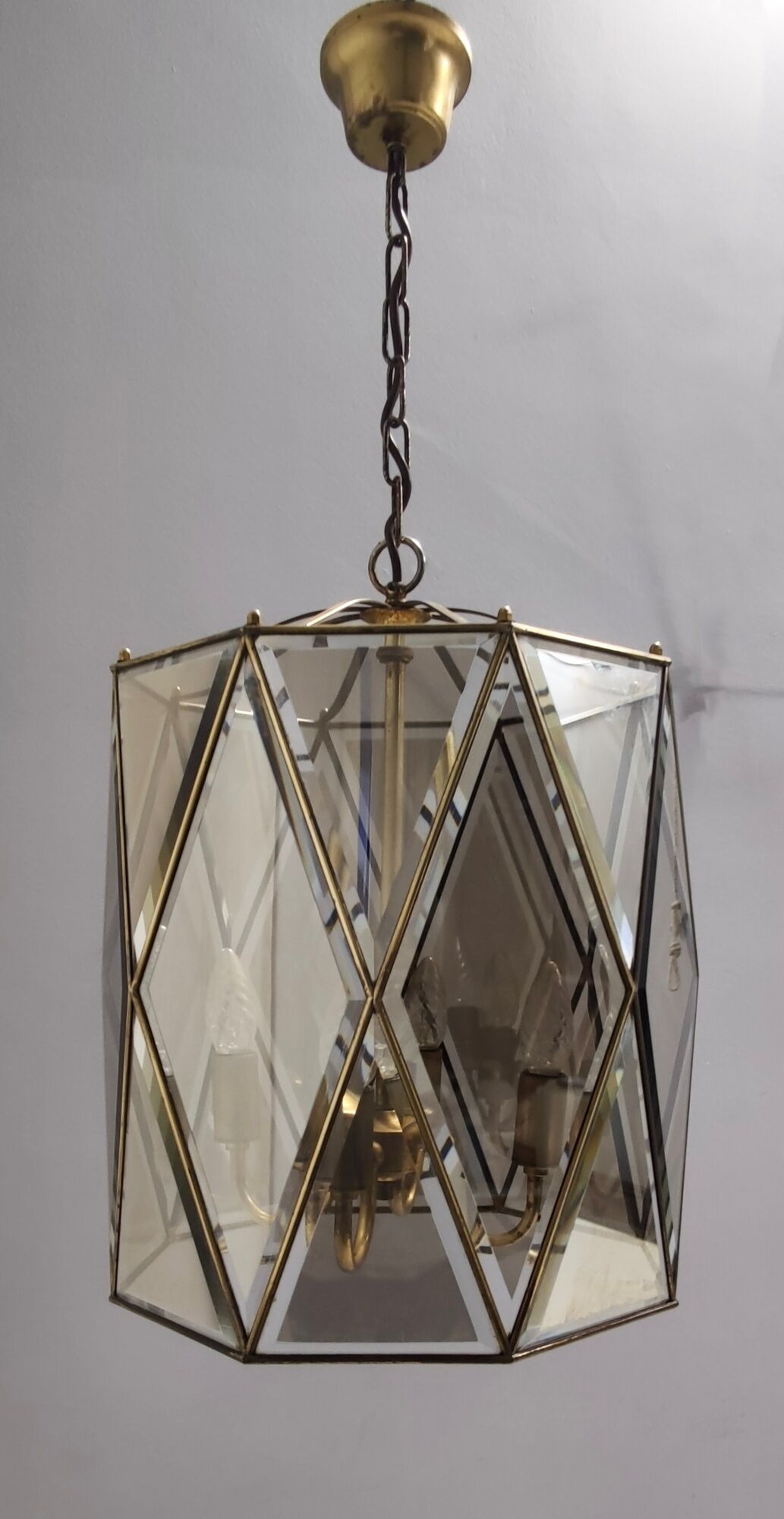 Vintage handmande octagonal glass and brass pendant lantern, Italy