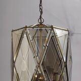 Vintage handmande octagonal glass and brass pendant lantern, Italy