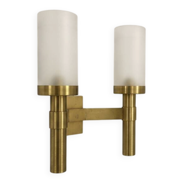 Applique murale double vintage, laiton et verre sablé, Perzel, France 1950