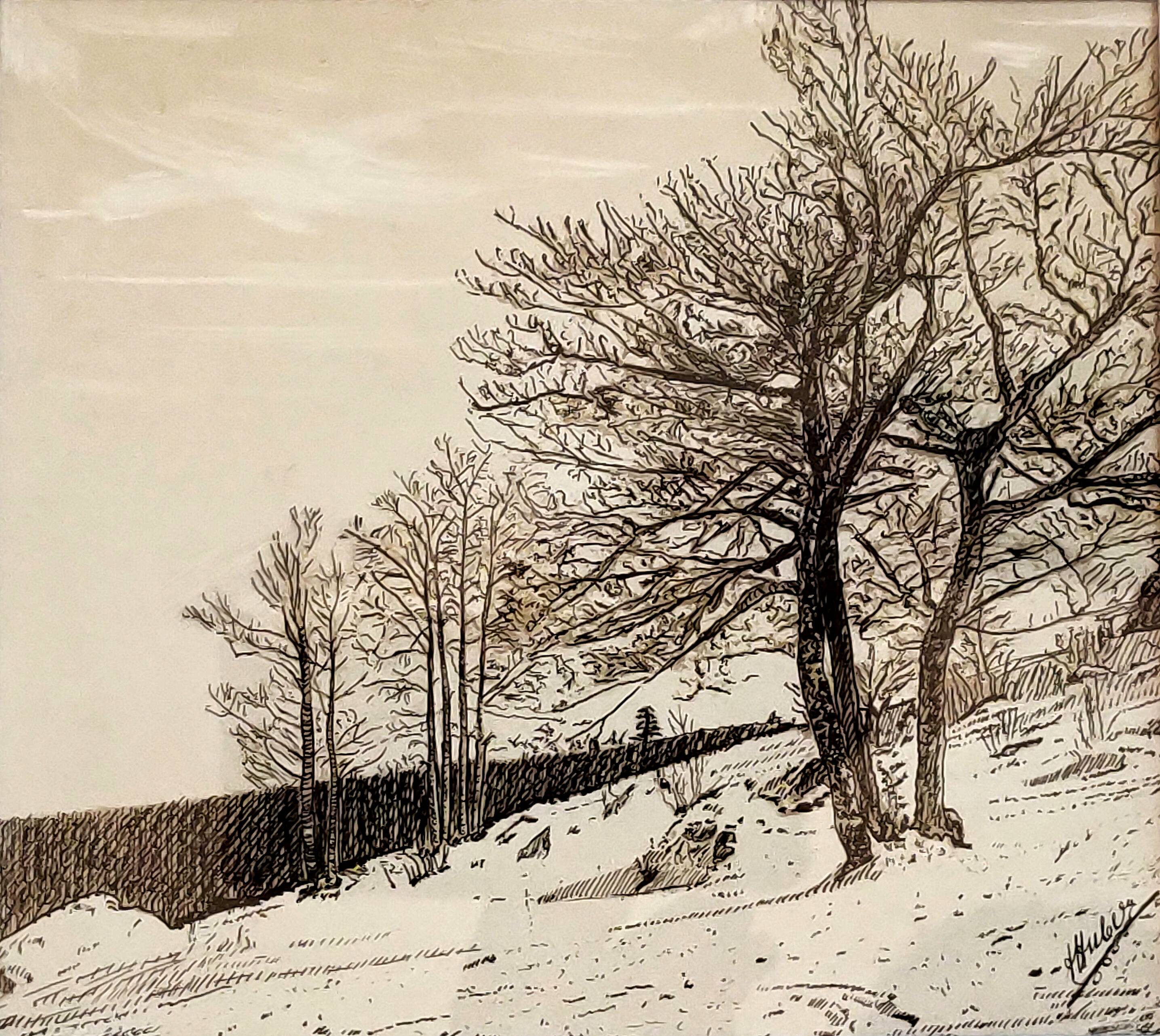 Painting signed HUBER - Watercolored Chinese ink - Snow landscape