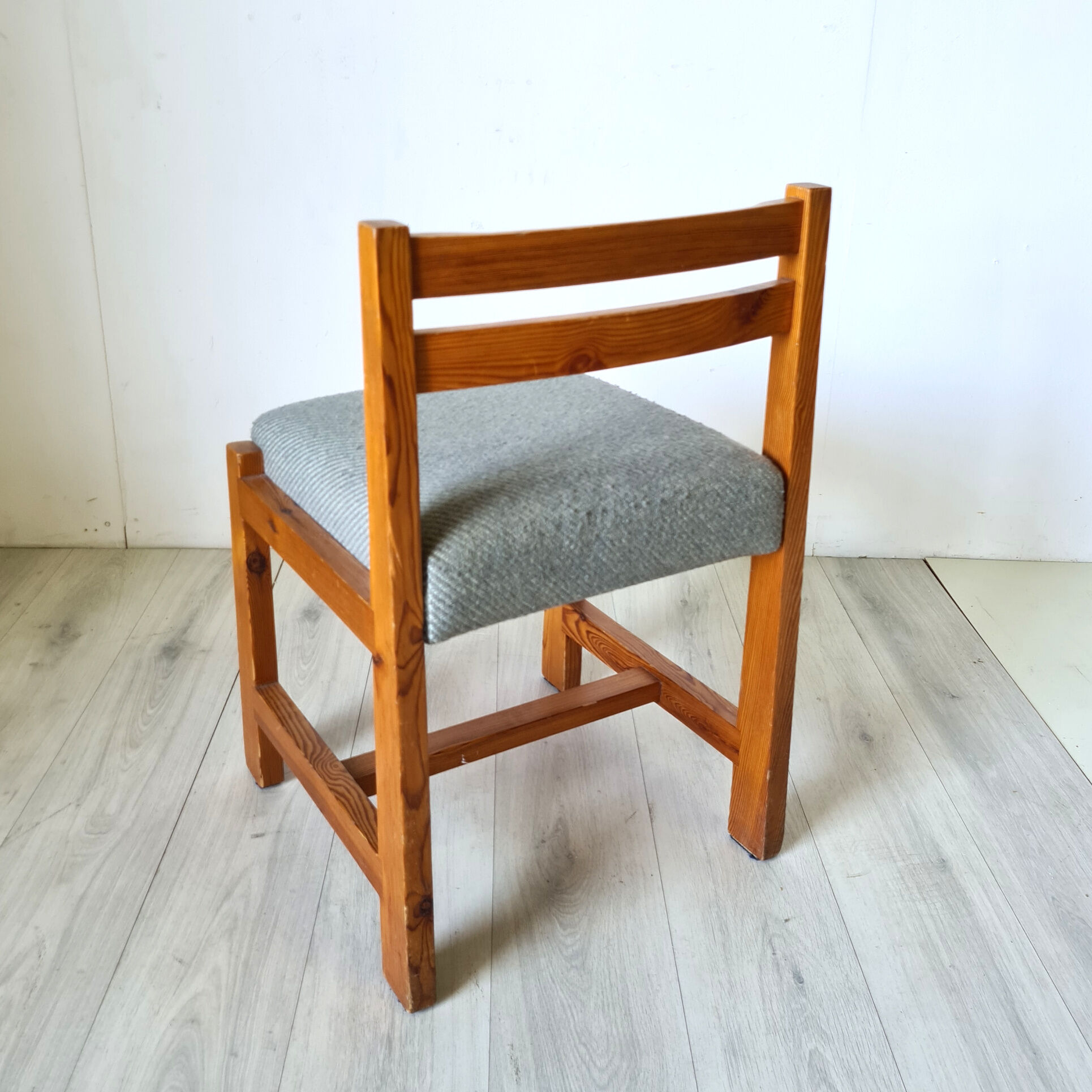 Modernist solid pine chairs with wool fabric seats, 1960s