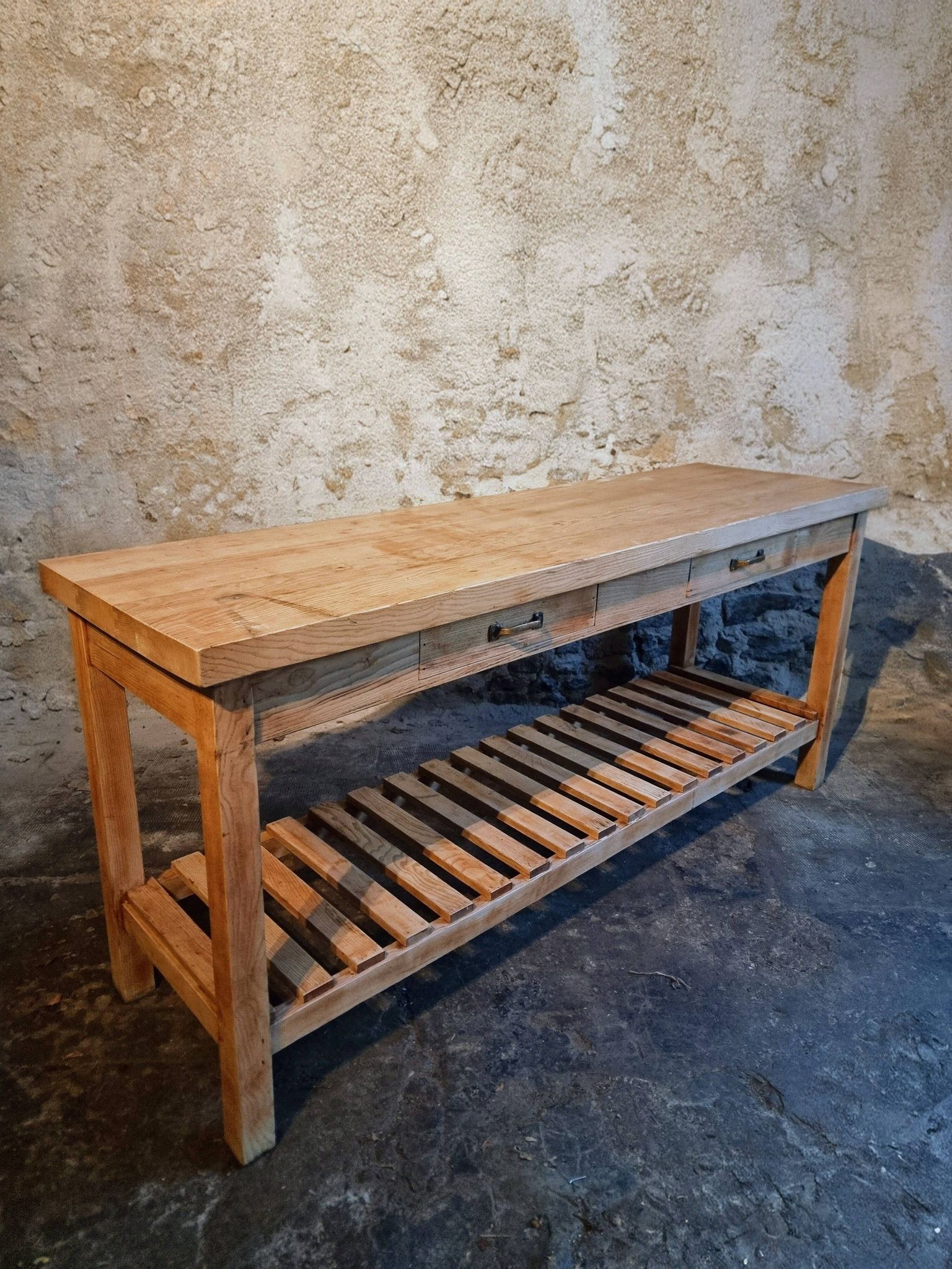 Old French baker's table – kitchen island / work table in solid chestnut with drawers.
