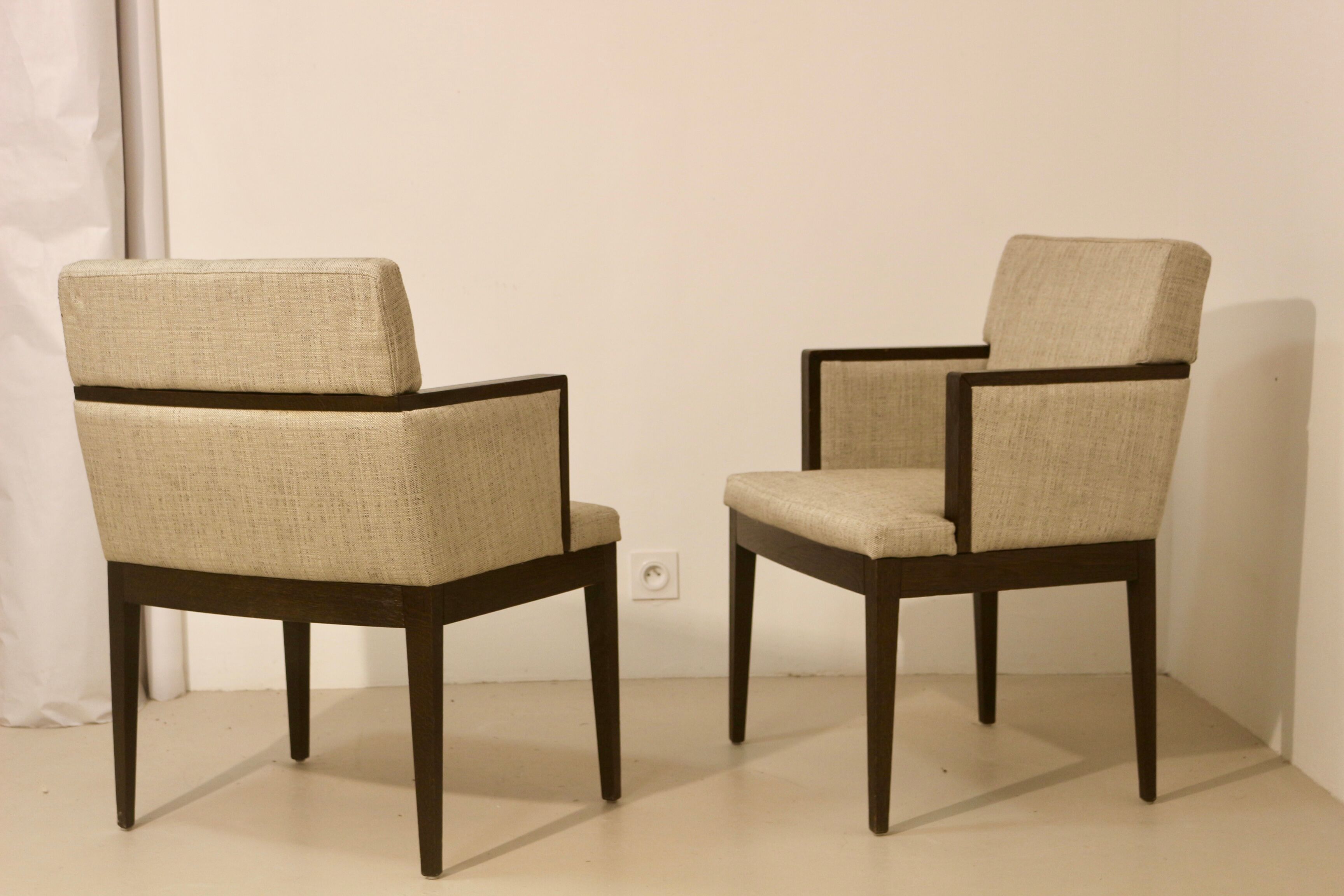 Pair of armchairs cube year 1960 fabric chiné beige restored. Sam SAM ref