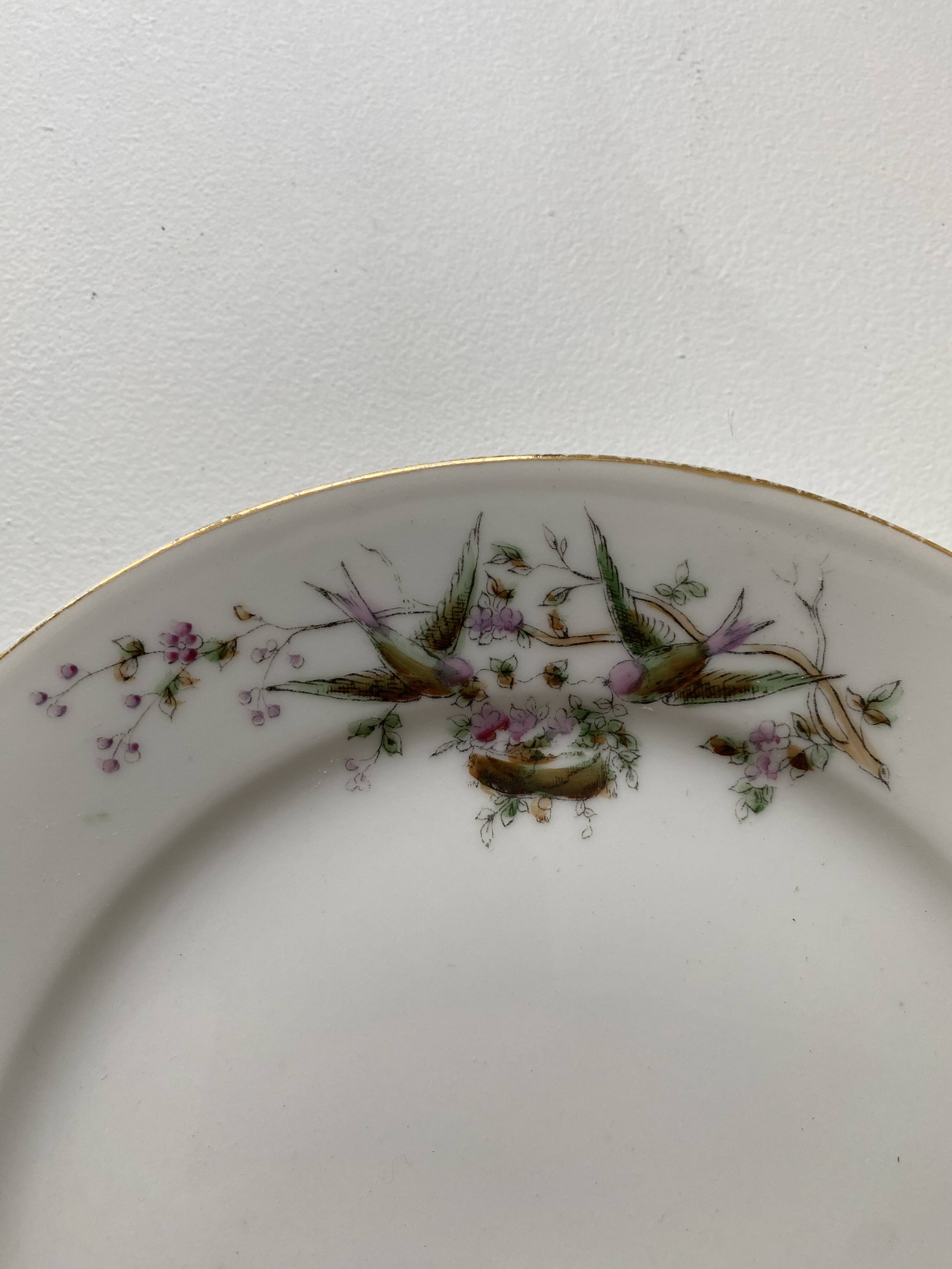 12 vintage porcelain dessert plates signed hache, julien & cie birds