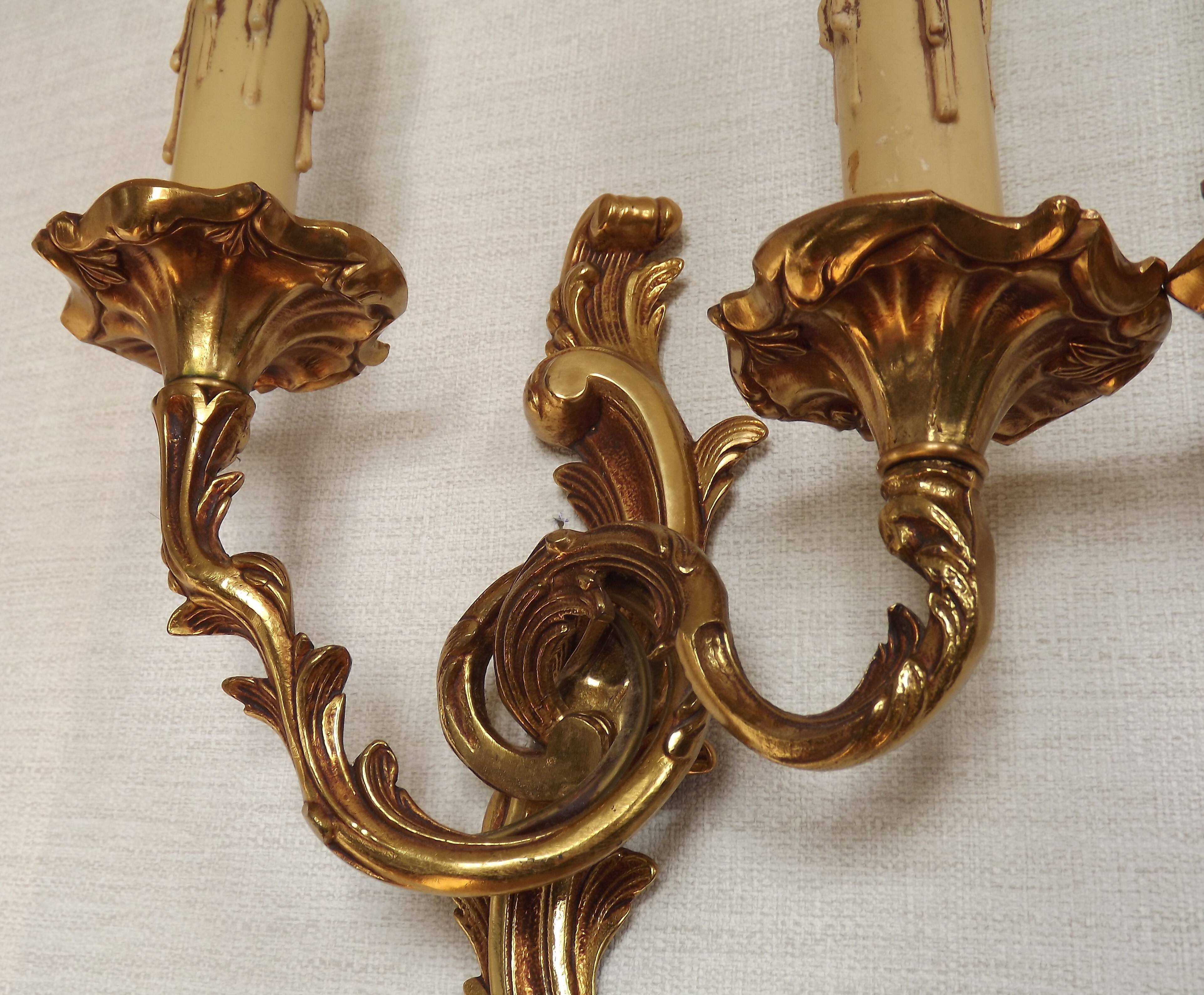 Stylish Vintage French Bronze Double Wall Sconces with Acanthus Leaf Detail