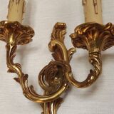 Stylish Vintage French Bronze Double Wall Sconces with Acanthus Leaf Detail