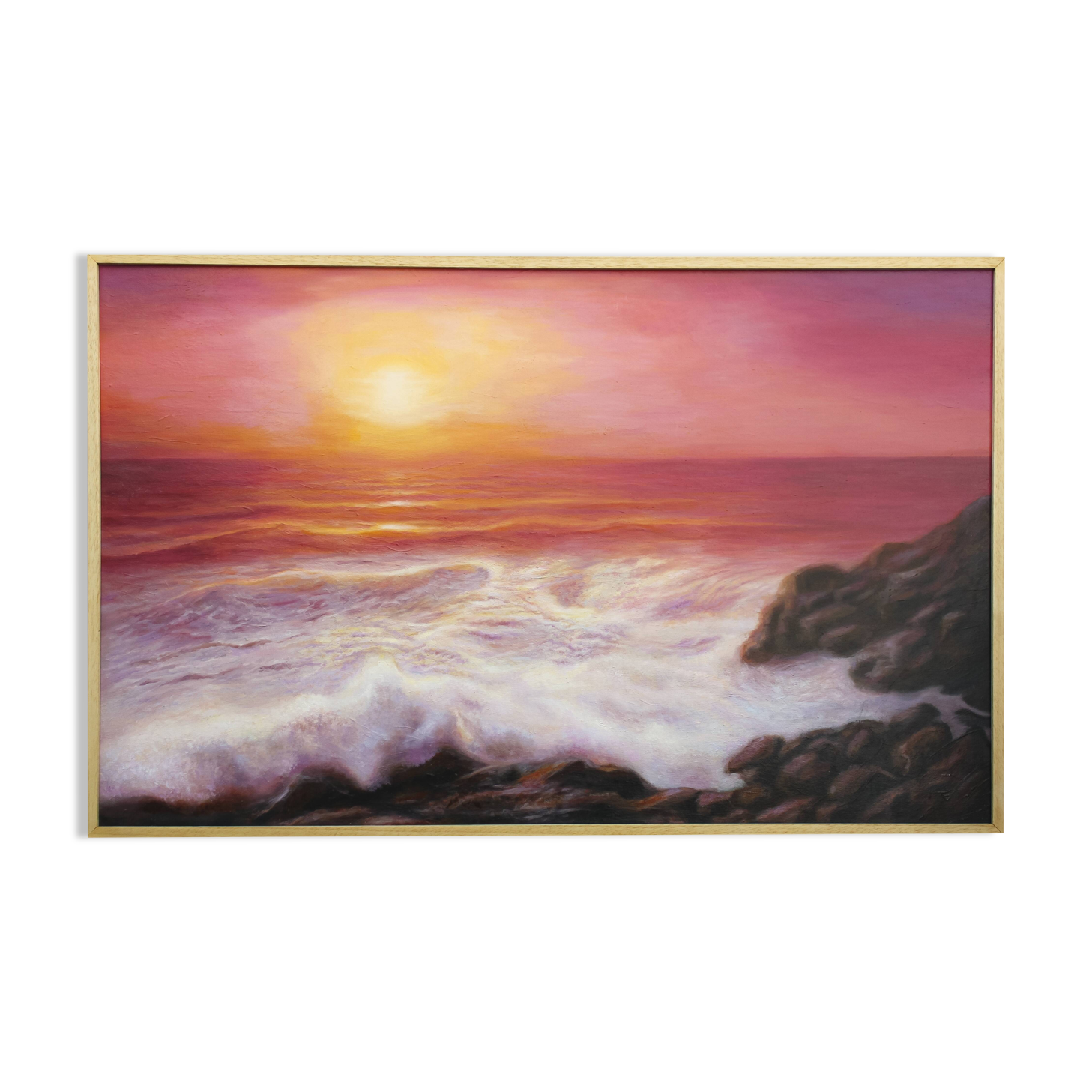 Cuadro del mar al oleo. Pintura de puesta de sol en el mar.