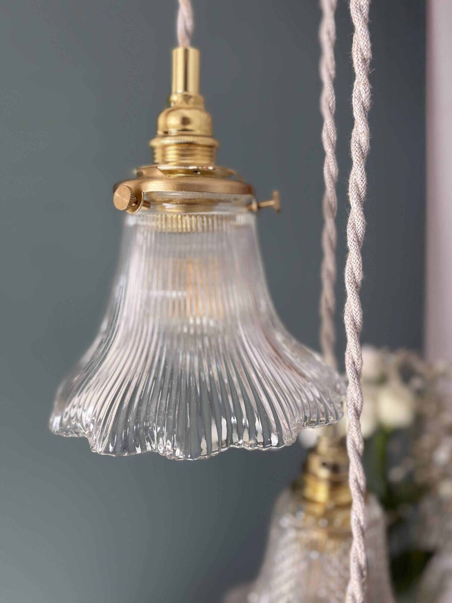 Vintage triple tulip pendant light in chiseled glass and holophane