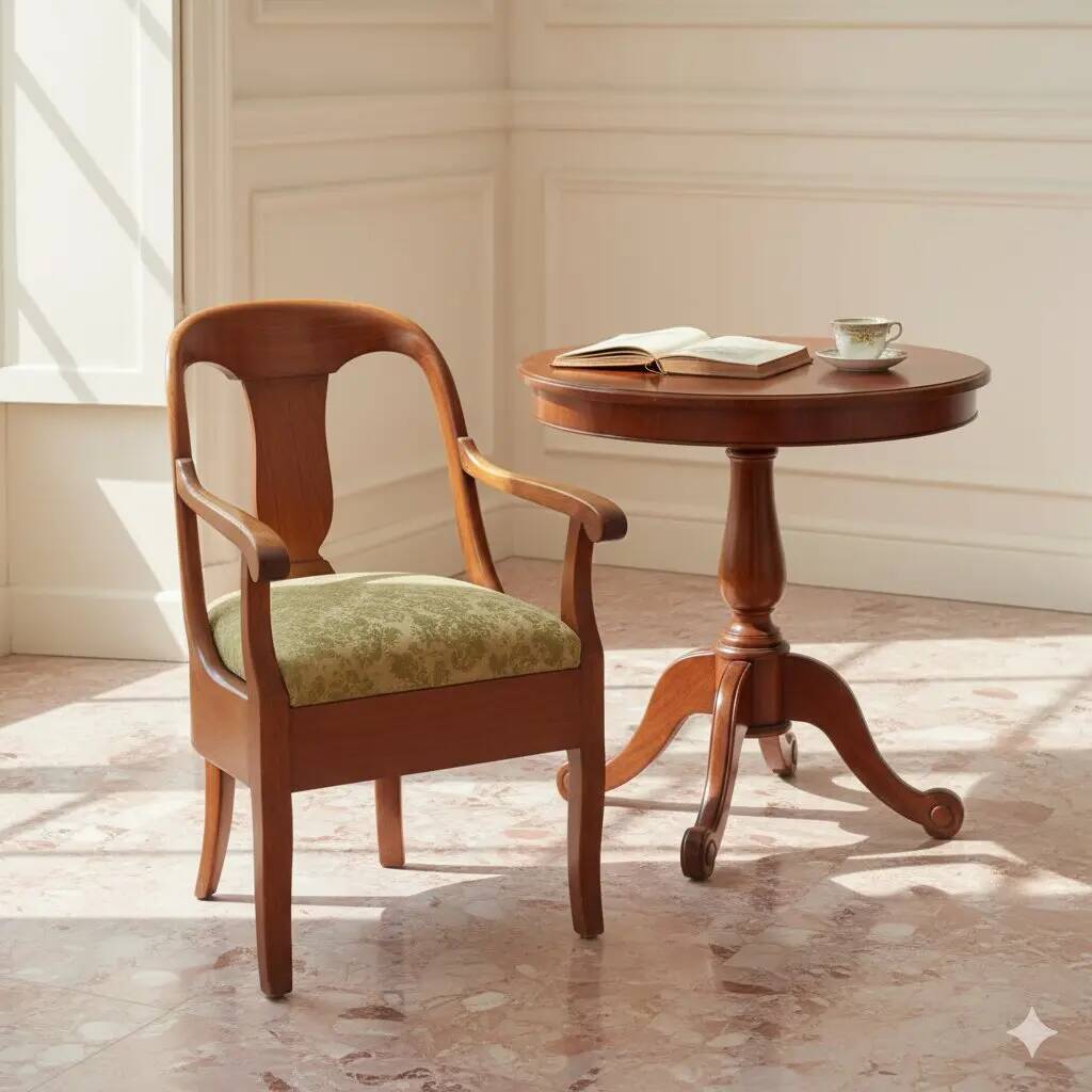 Antique Charles X armchair in walnut and fabric, Italy, mid-19th century.