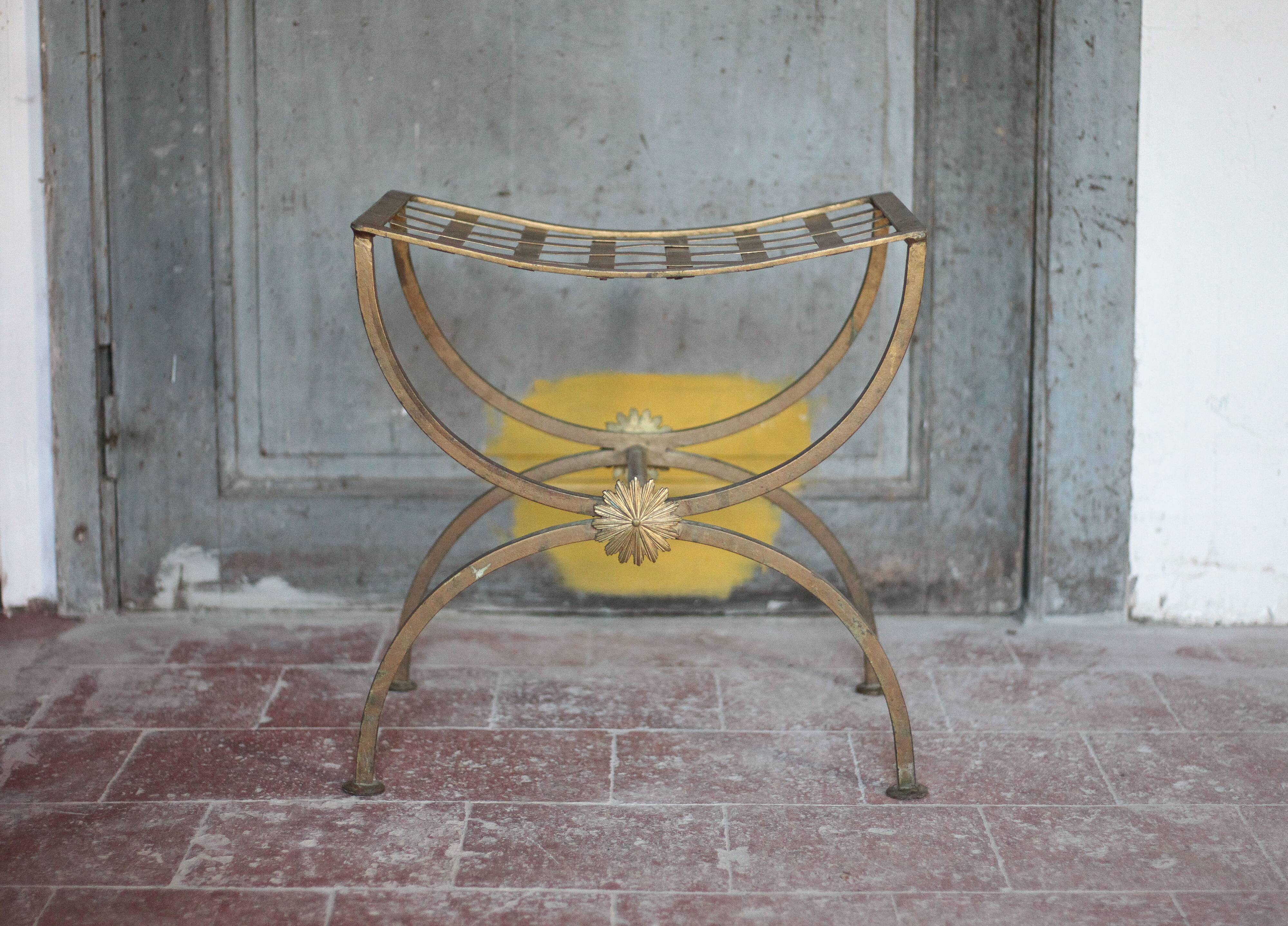 Vintage luggage rack, curule-shaped stool, iron suitcase table