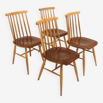 Set of 4 Scandinavian "Pinnstol" beech chairs, Sweden, 1960