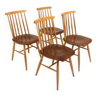 Set of 4 Scandinavian "Pinnstol" beech chairs, Sweden, 1960