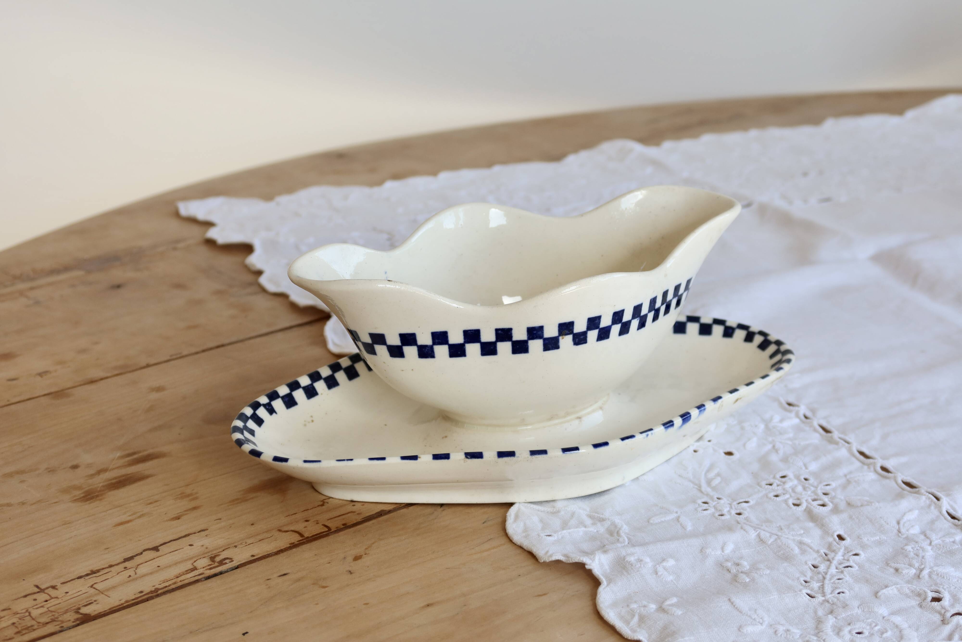 Antique sauce boat in ironstone Salins - Checkerboard model