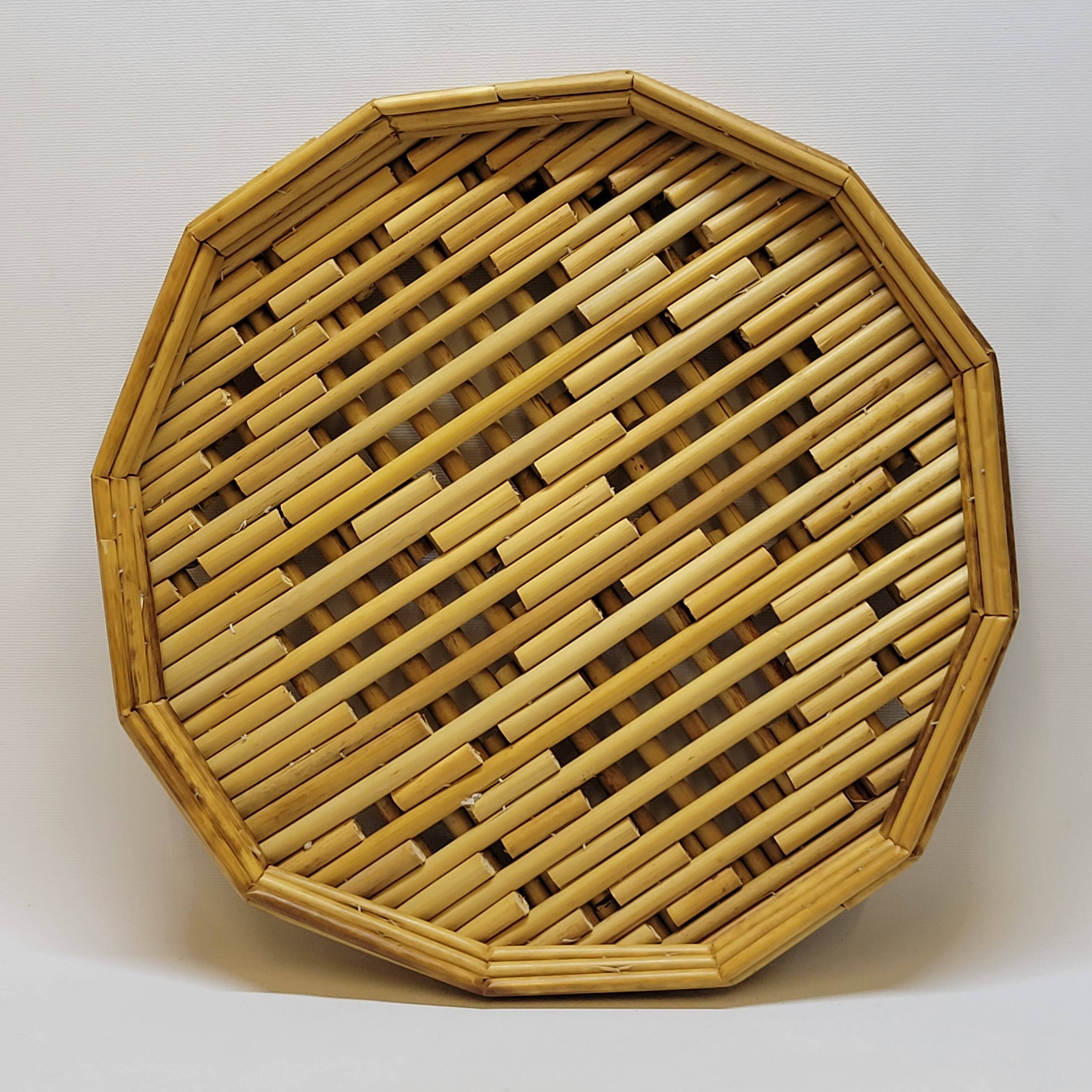 Rattan straw bamboo serving tray French vintage 70s
