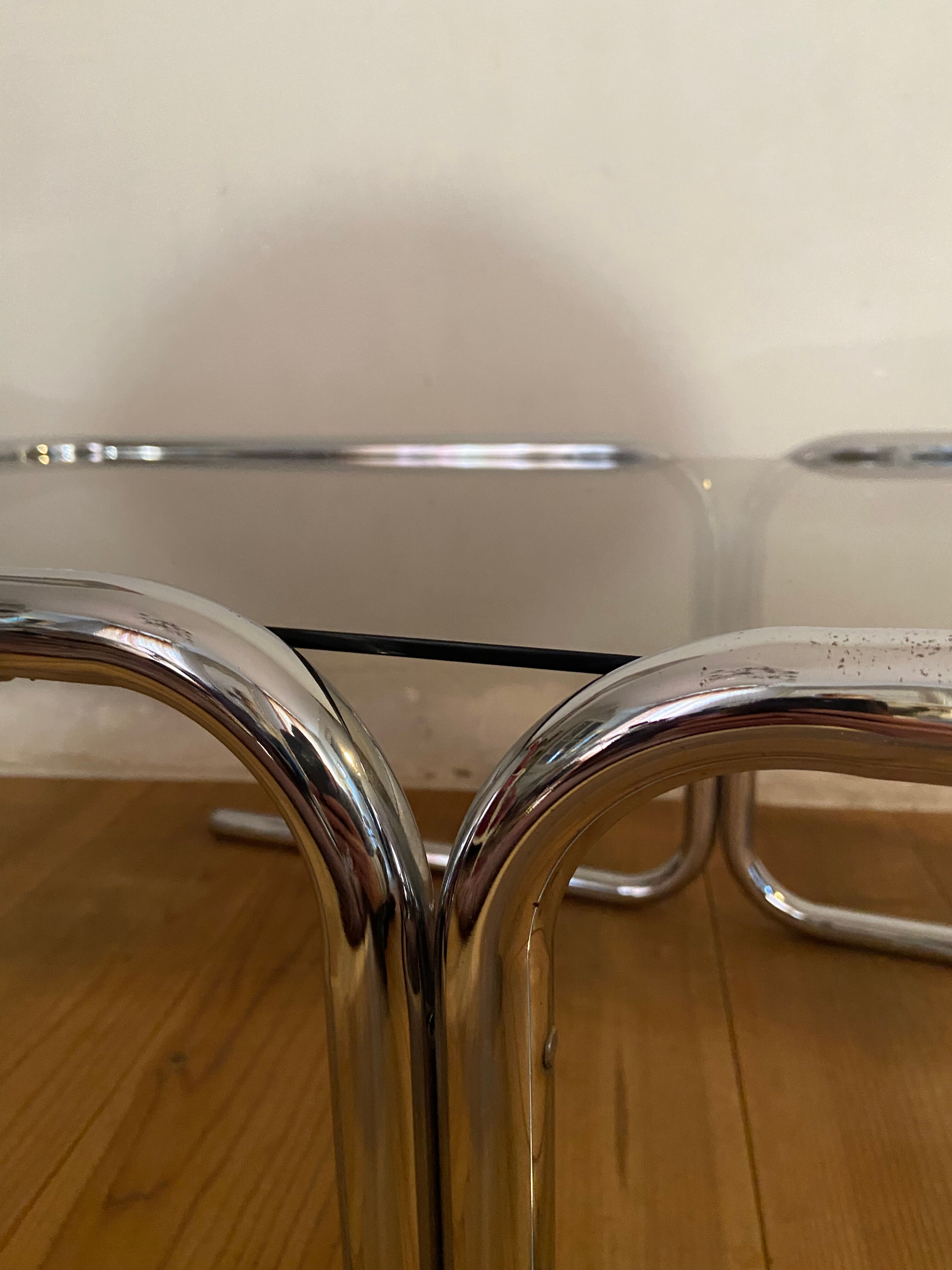 Vintage coffee table in chrome and smoked glass 70s