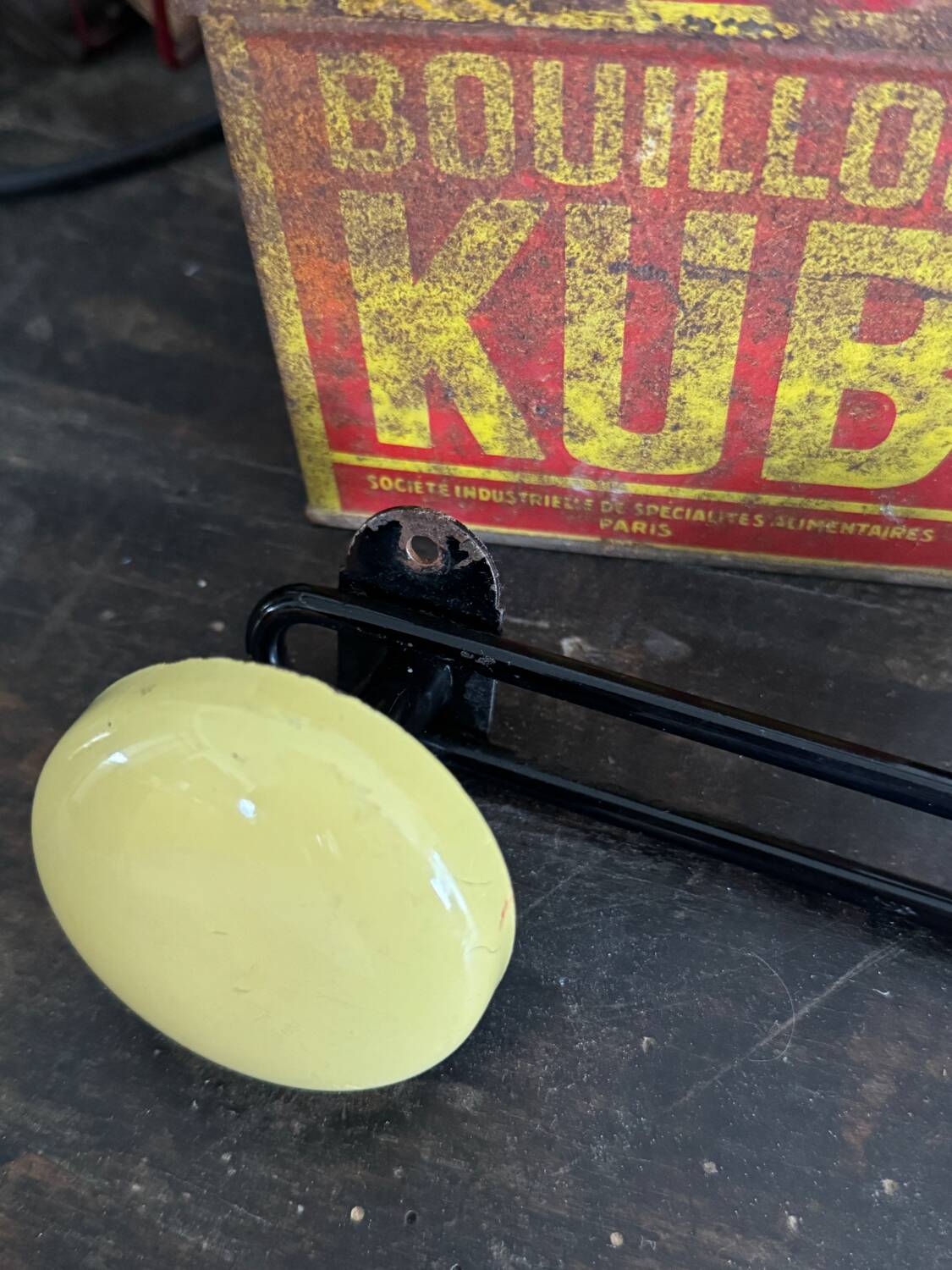 Wall coat rack with 4 vintage yellow metal hooks