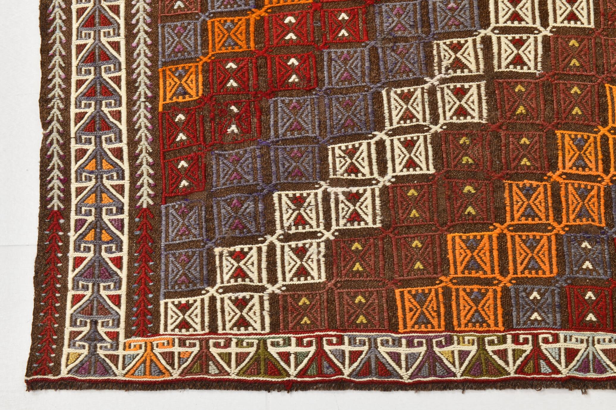 Deep Burgundy & Mustard Yellow Star Pattern Turkish Kilim Rug, 145x282 Cm