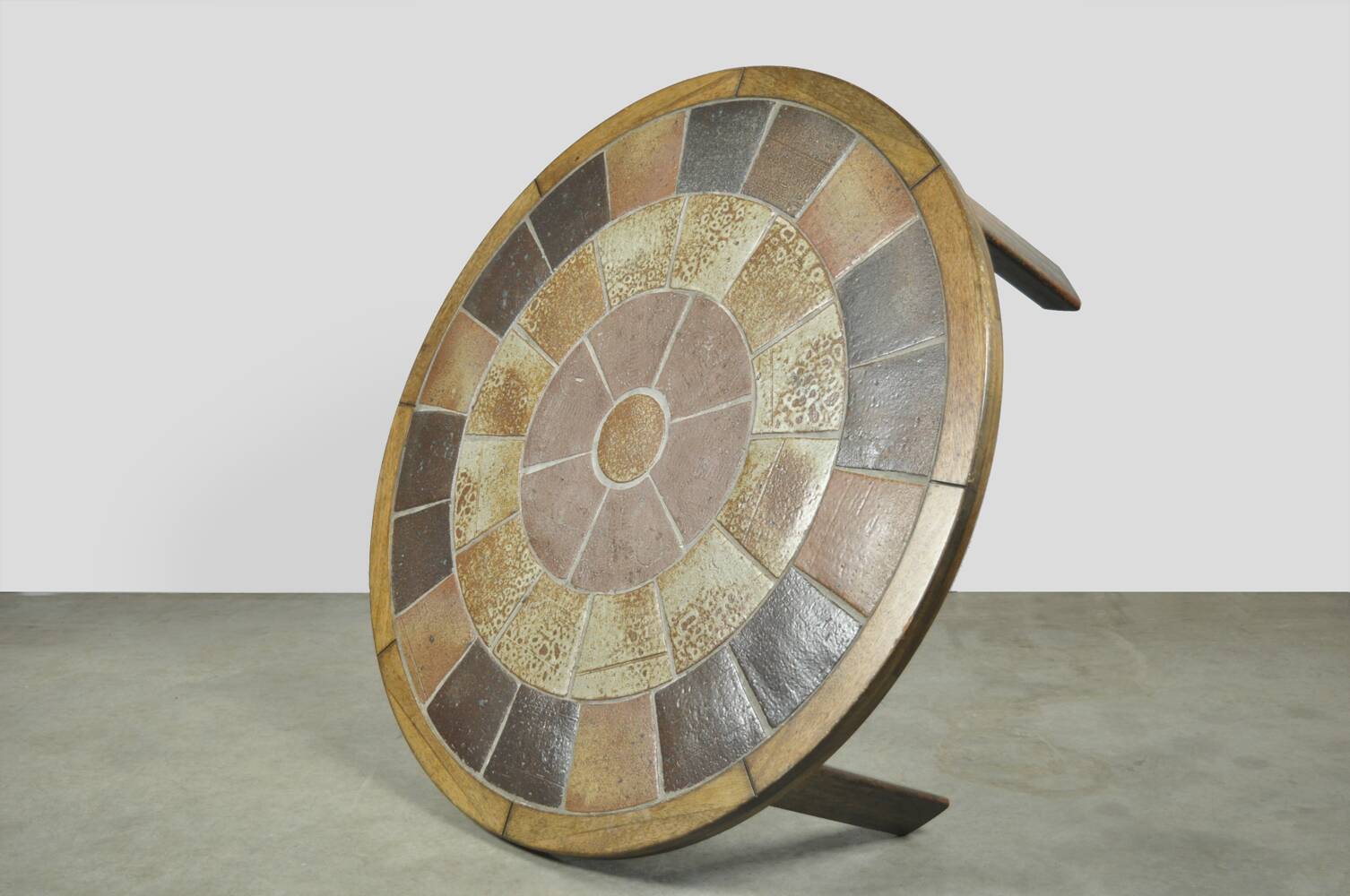 Vintage round coffee table with ceramic tiles by Danish artist TUE POULSEN,