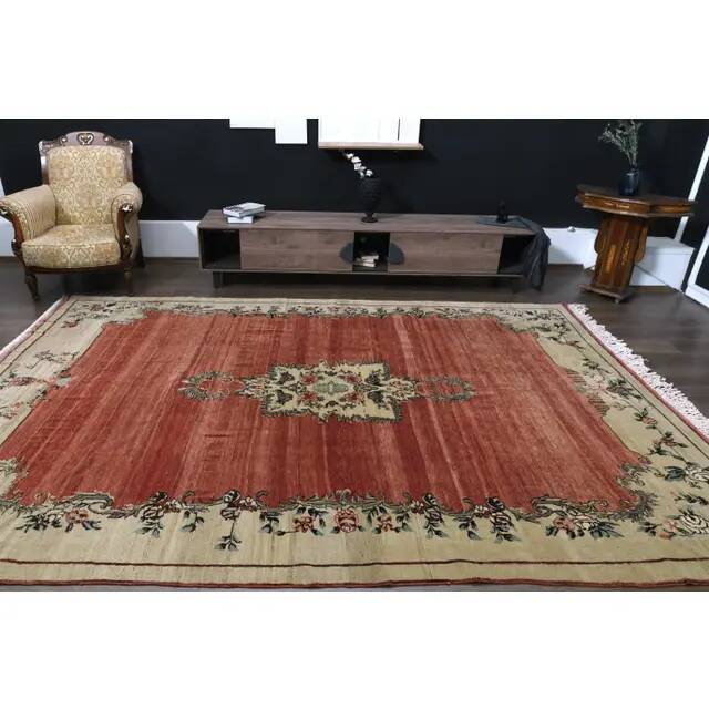 1970s Vintage Turkish Handmade Wool & Cotton Red Area Rug 239x363