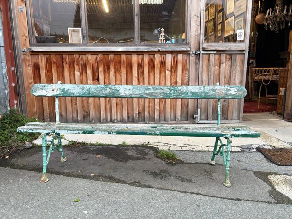 Ancien banc de jardin bois & fonte 2 m-long – patine d’origine
