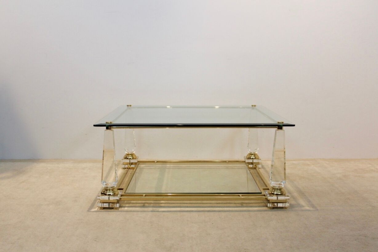 Extraordinary Lucite, Brass and Glass Obelisk Coffee table, 1970s