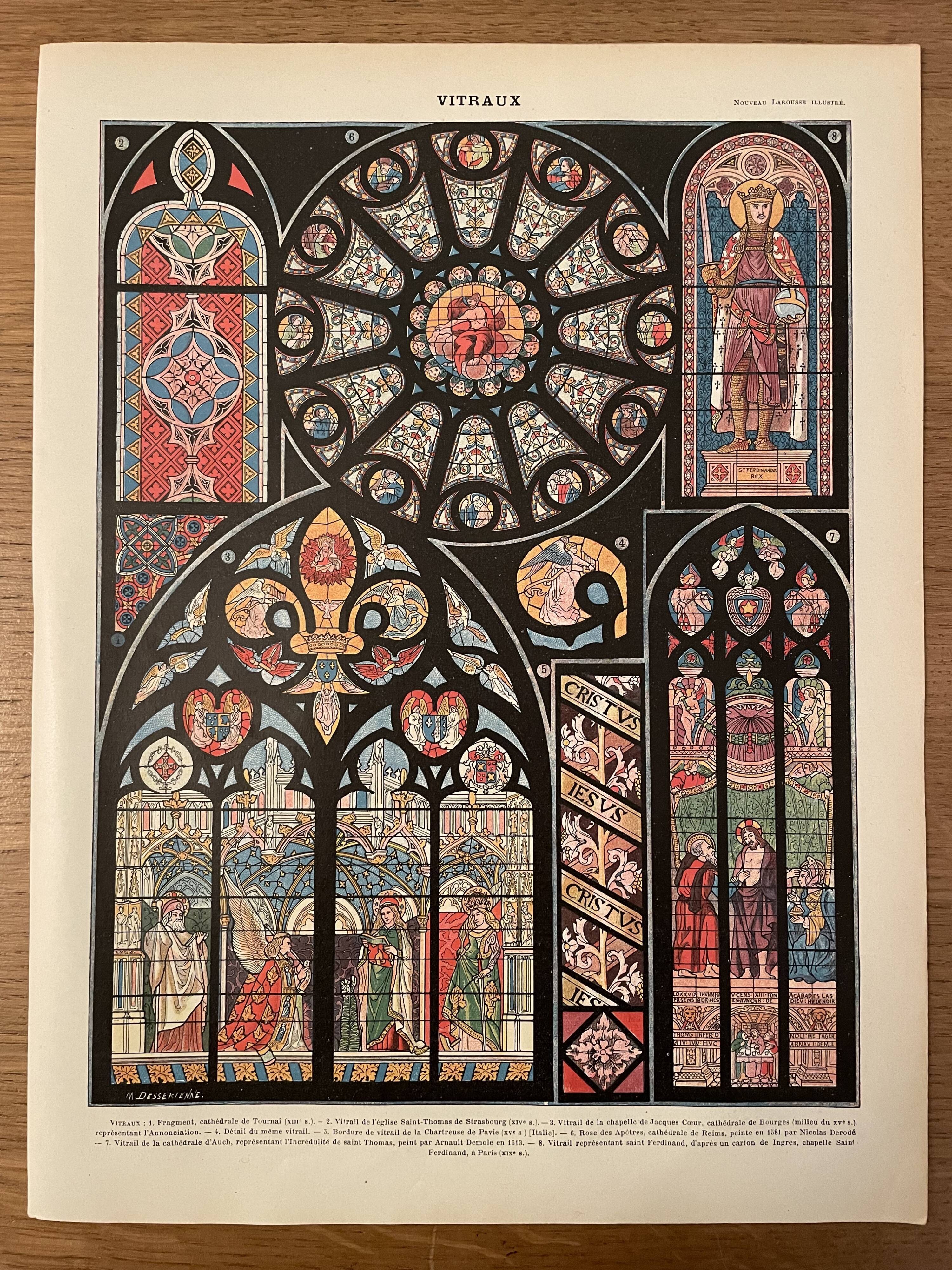 Lithograph engraving on stained glass windows (Tournai Cathedral) from 1897