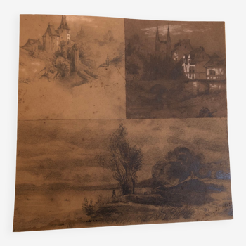 Collage dessins à la mine de plomb et craie blanche 1872