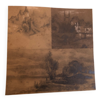 Collage dessins à la mine de plomb et craie blanche 1872