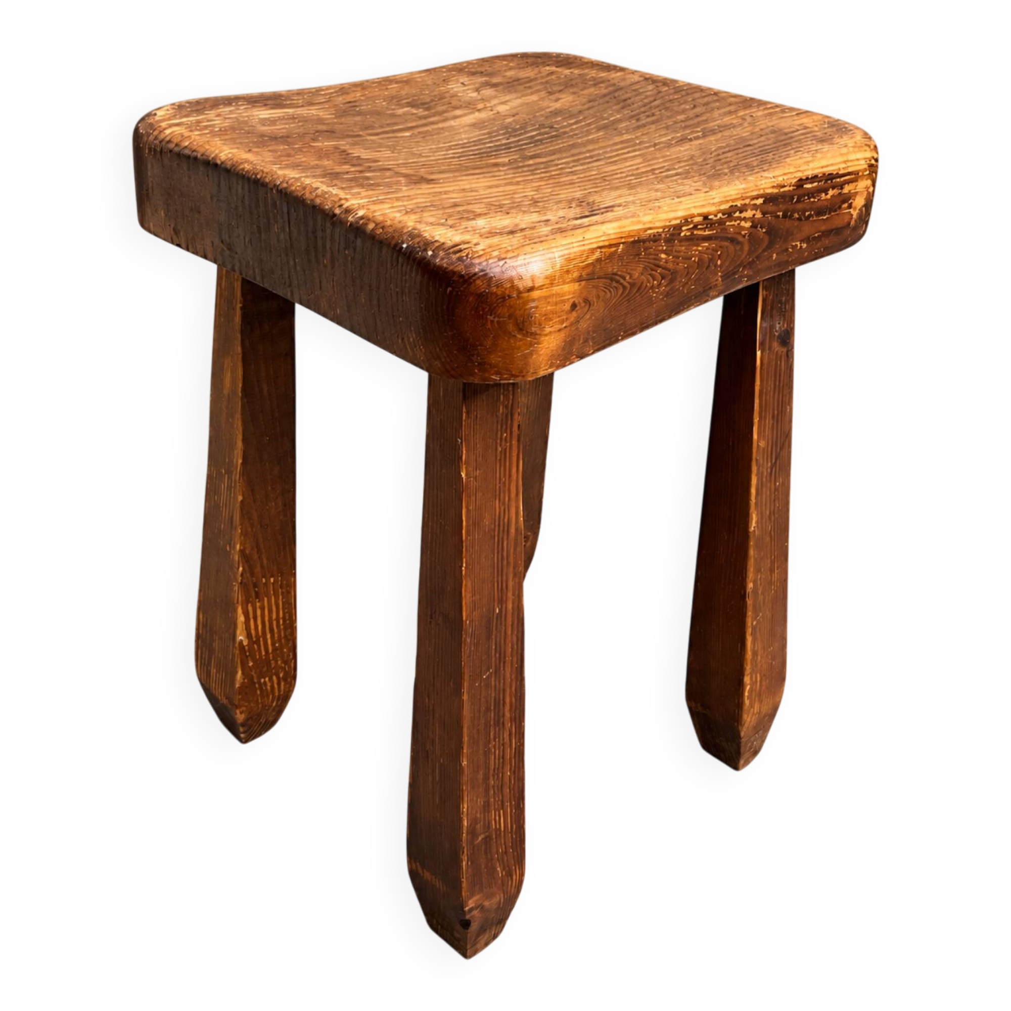Vintage sculptural solid wood stool, brutalist style.