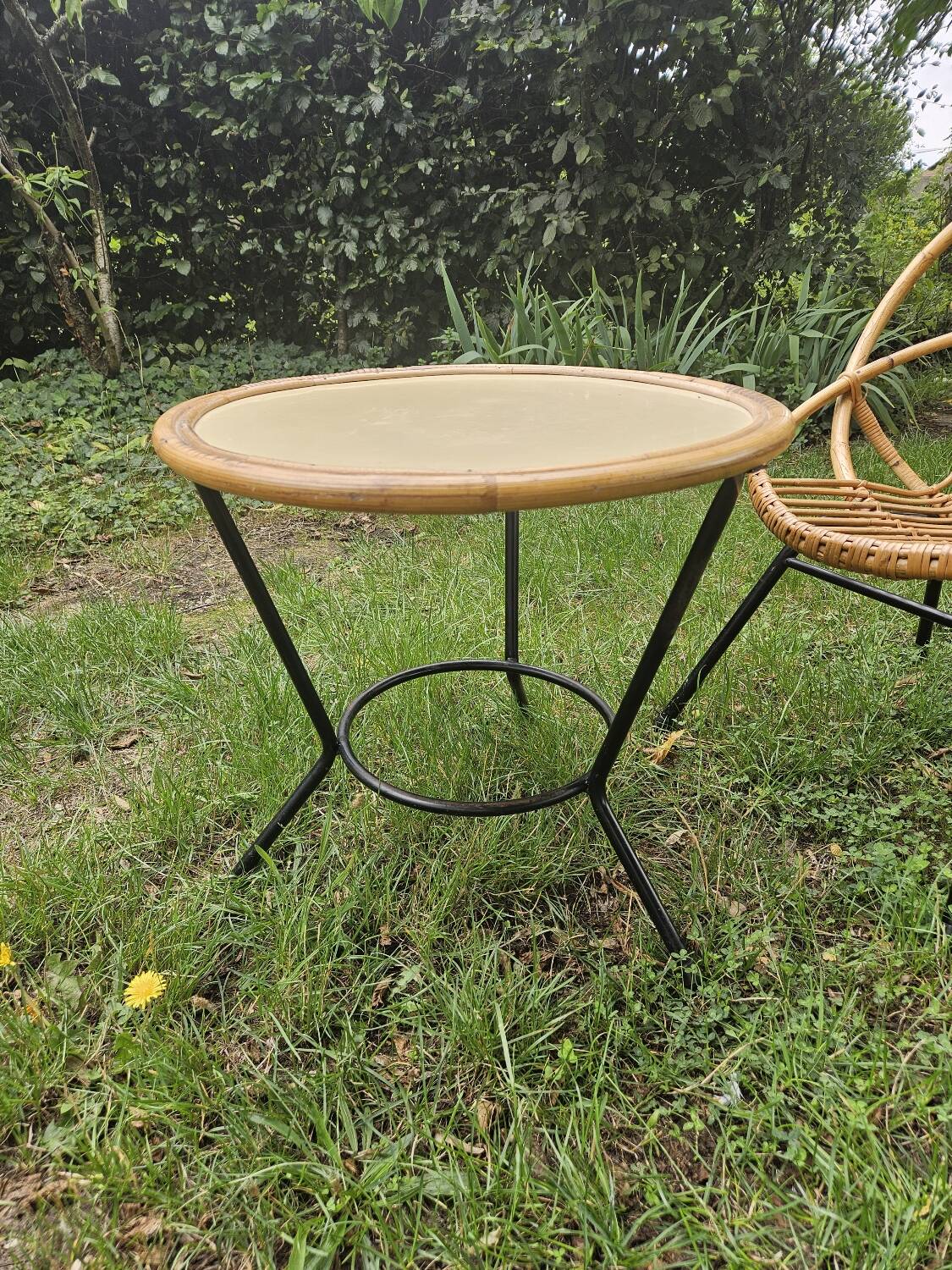 Vintage rattan armchair and coffee table attributed to Rohe Noordwolde