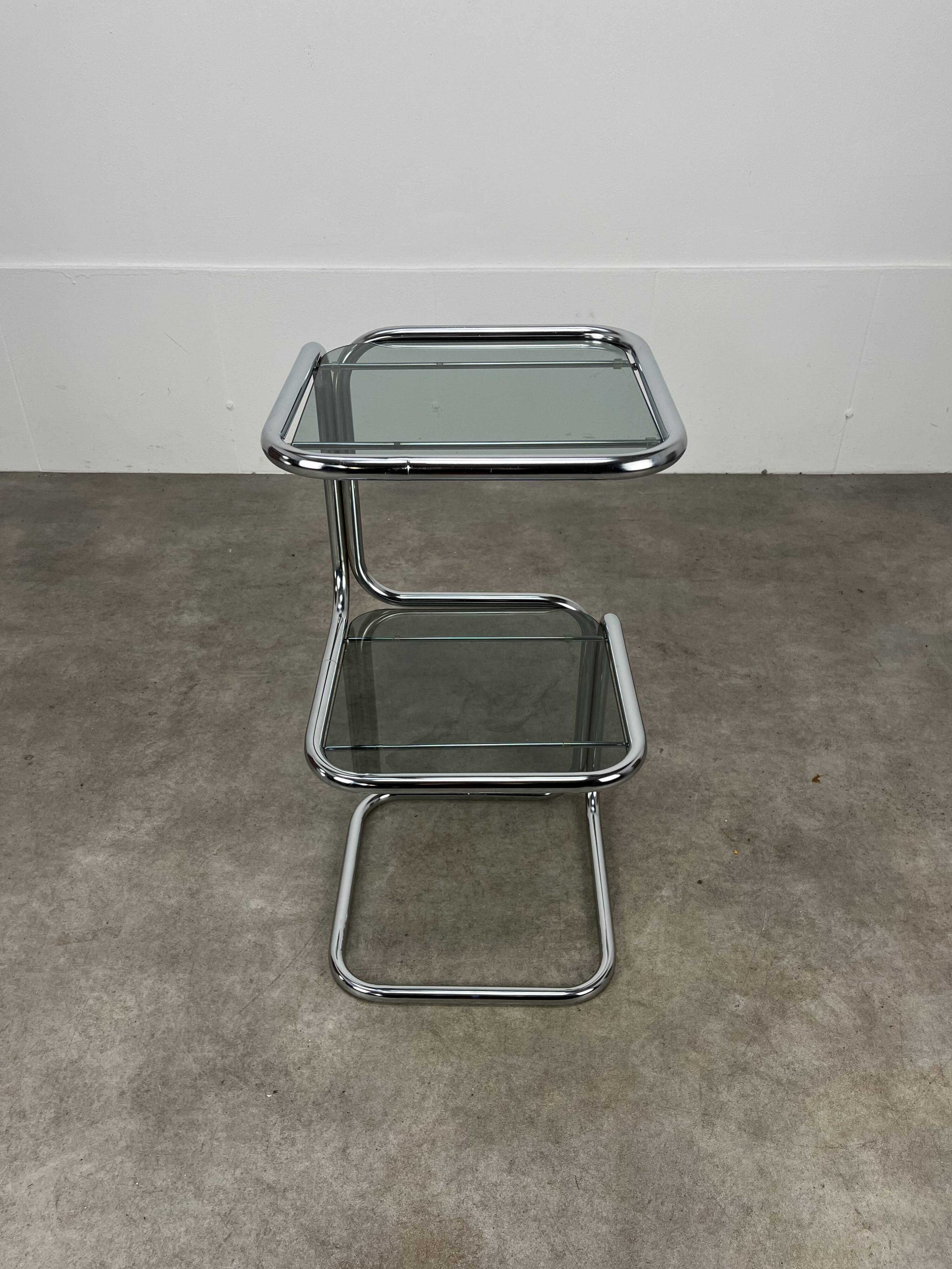 70s pedestal table, chrome and smoked glass side table