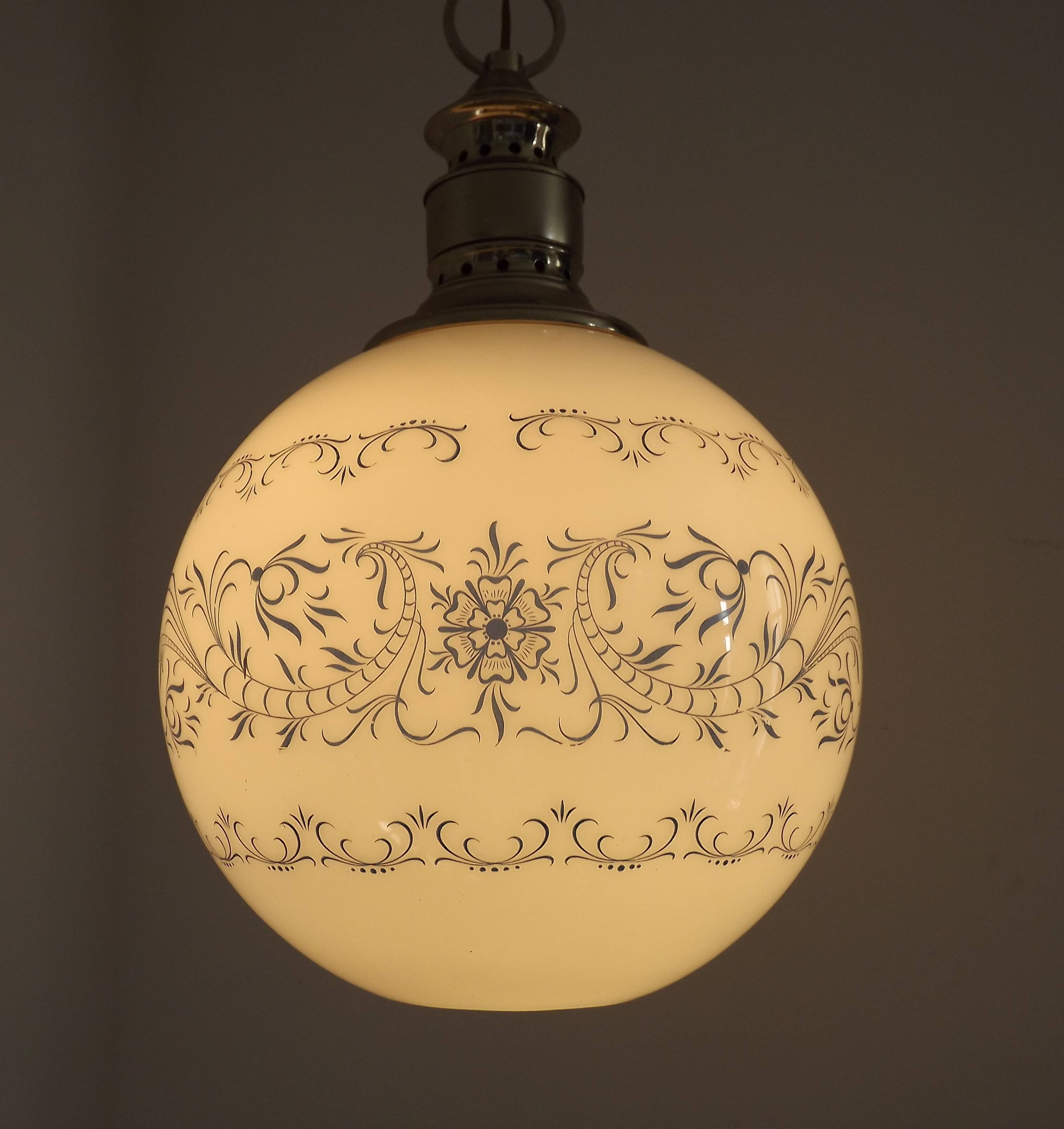 French Mid-Century Globe Pendant, Blue Pattern Shade, Vintage Hanging Light