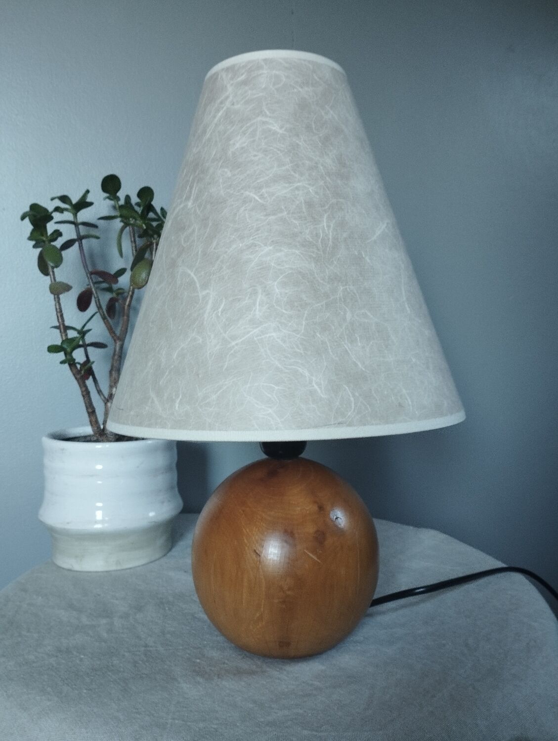Table lamp foot ball light wood, lampshade ecru paper, 1970's