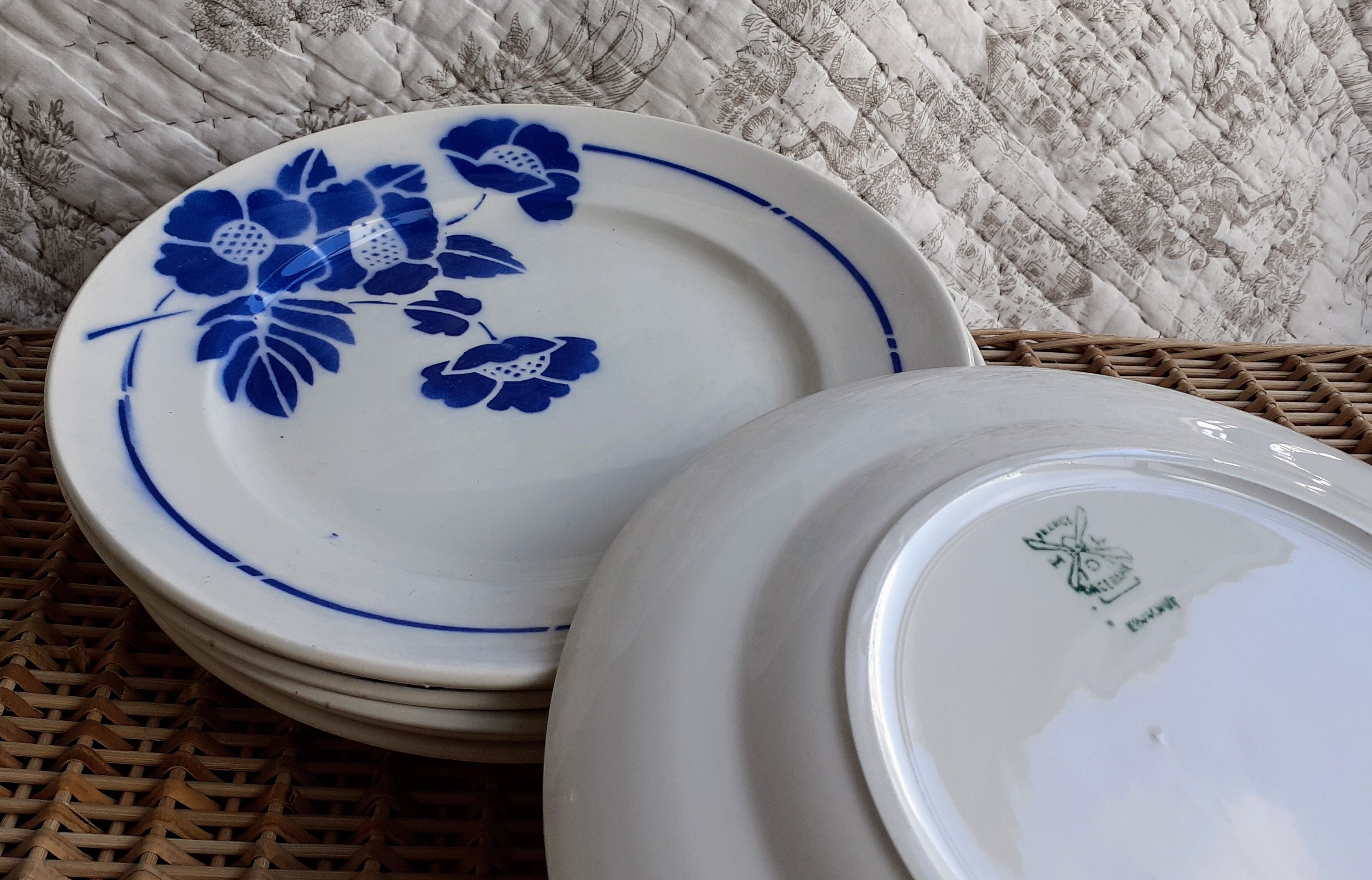 6 flat plates blue flowers