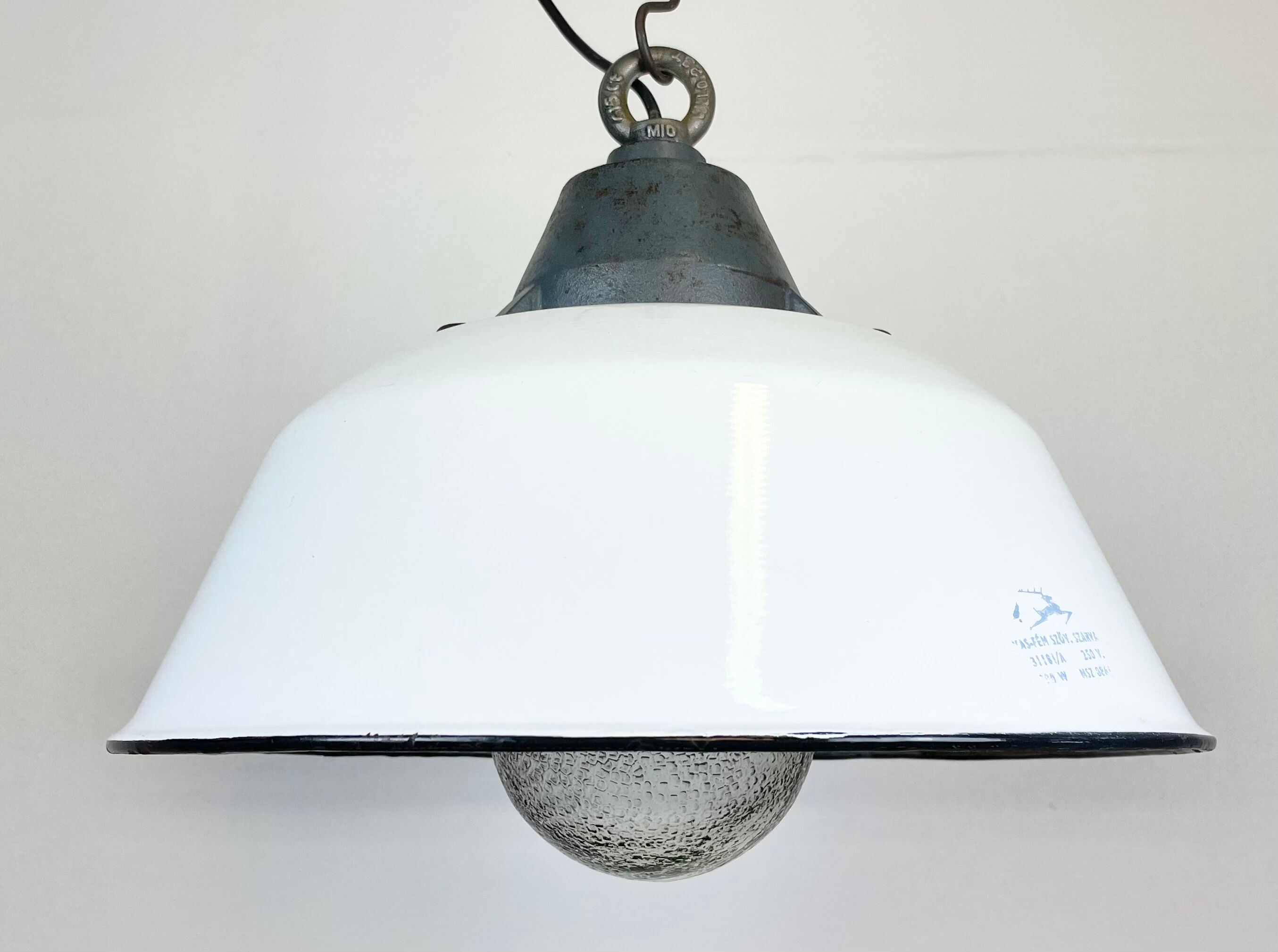 White Enamel and Cast Iron Industrial Pendant Light with Glass Cover, 1960s