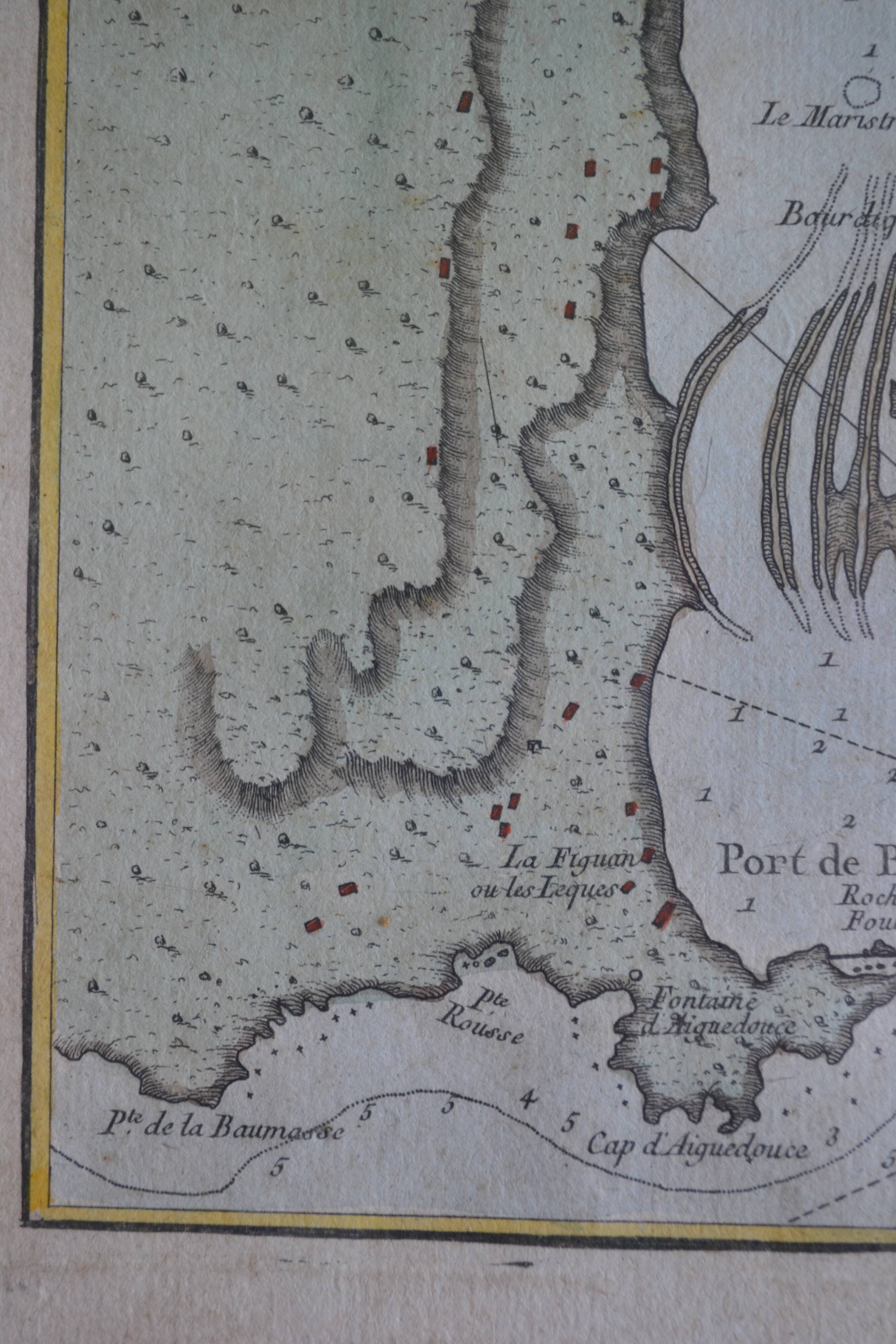 Martigues pond Old geographical map 18th century engraving 1764 by Bellin