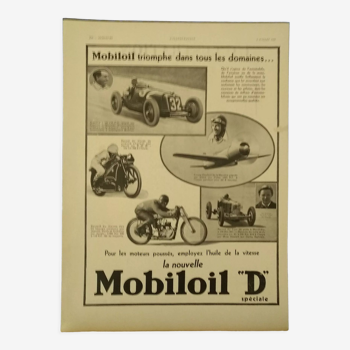 Publicité huile  Mobiloil pour moto automobile avion issue revue année 1933