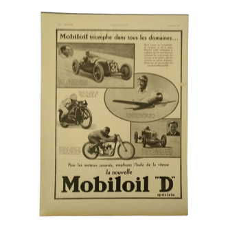 Mobiloil oil advertisement for motorcycle automobile aircraft issue reviewed year 1933
