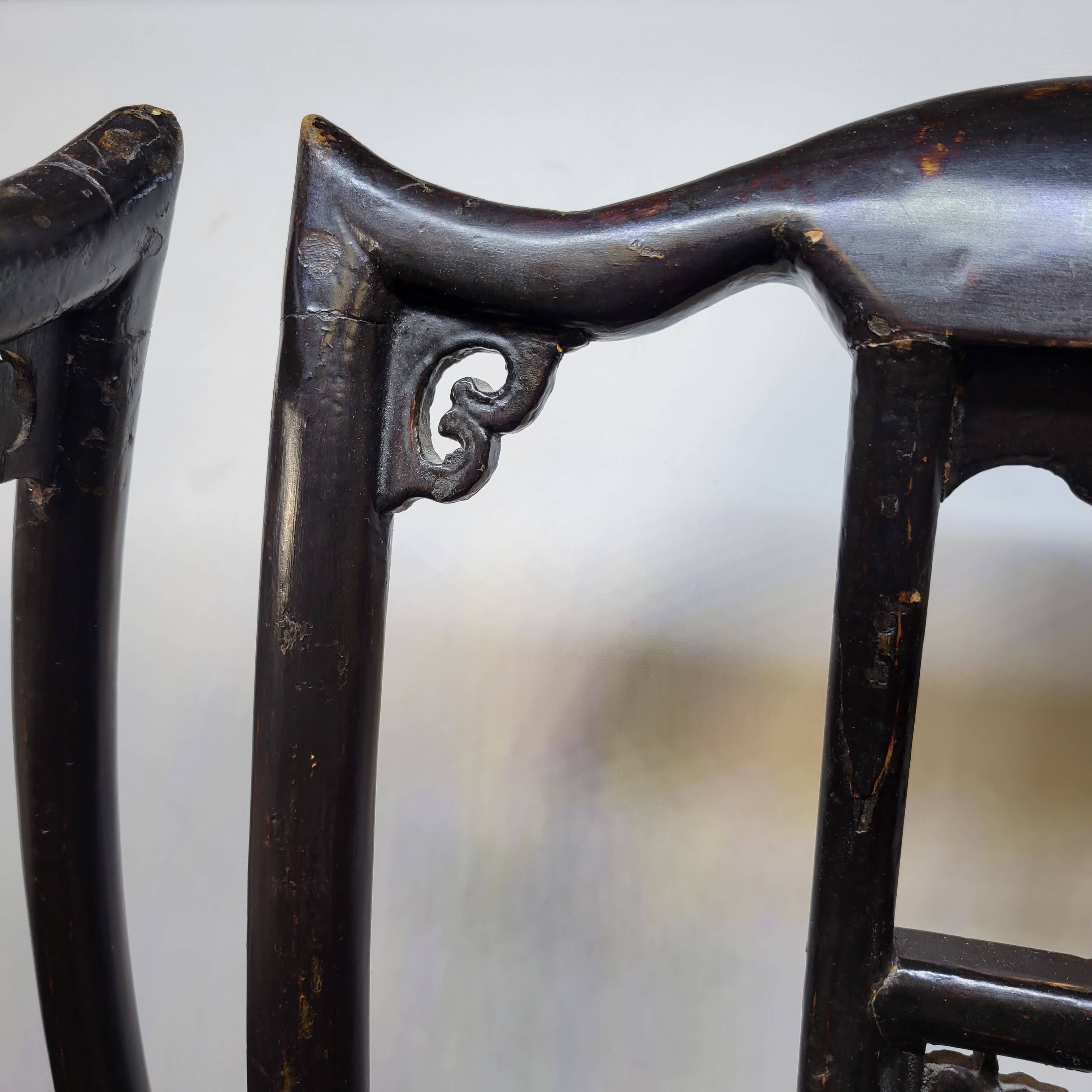 Pair of old chairs armchairs 19th century Chinese stools in black lacquered wood
