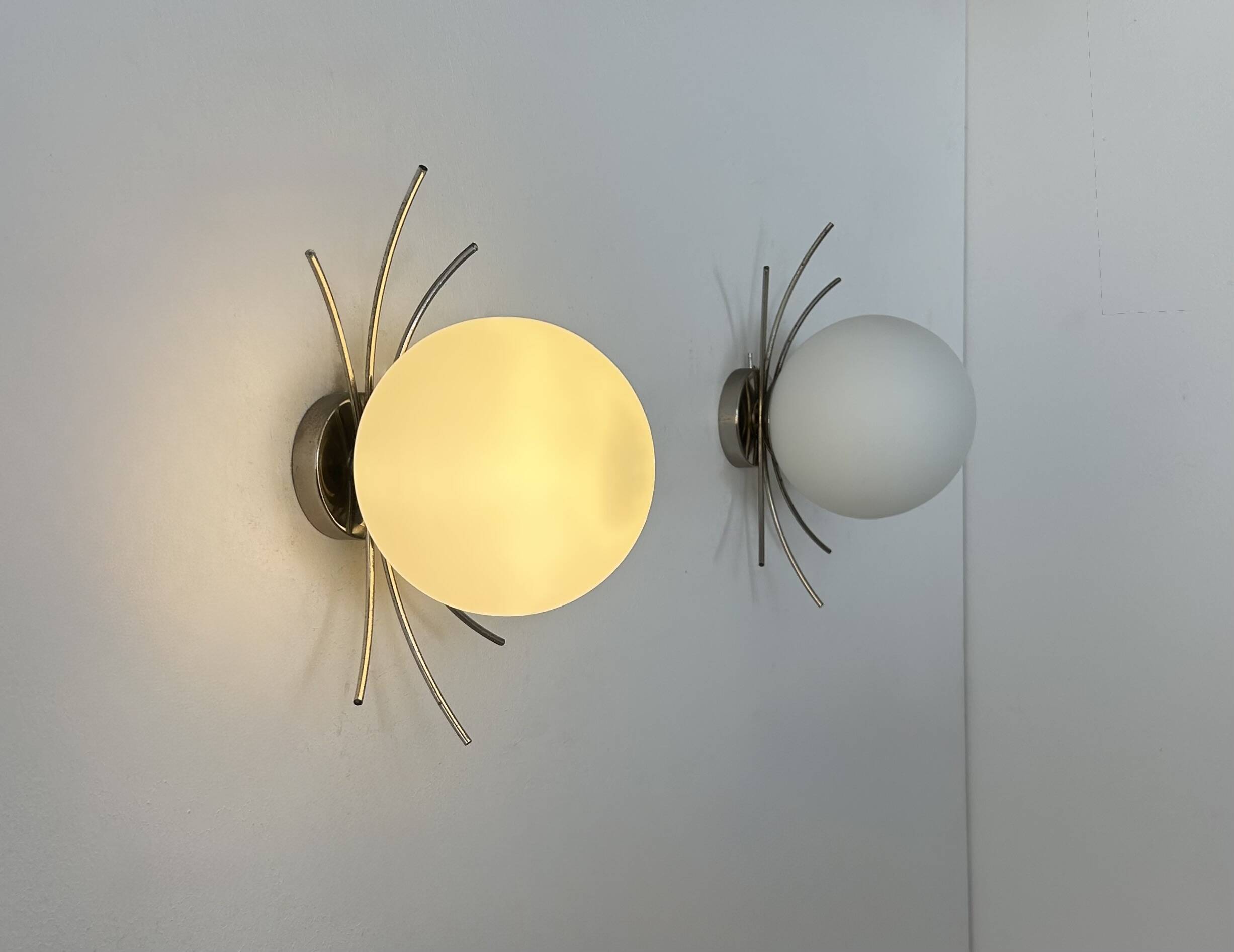 Pair of vintage wall lights, chrome and opaline, France, 1970