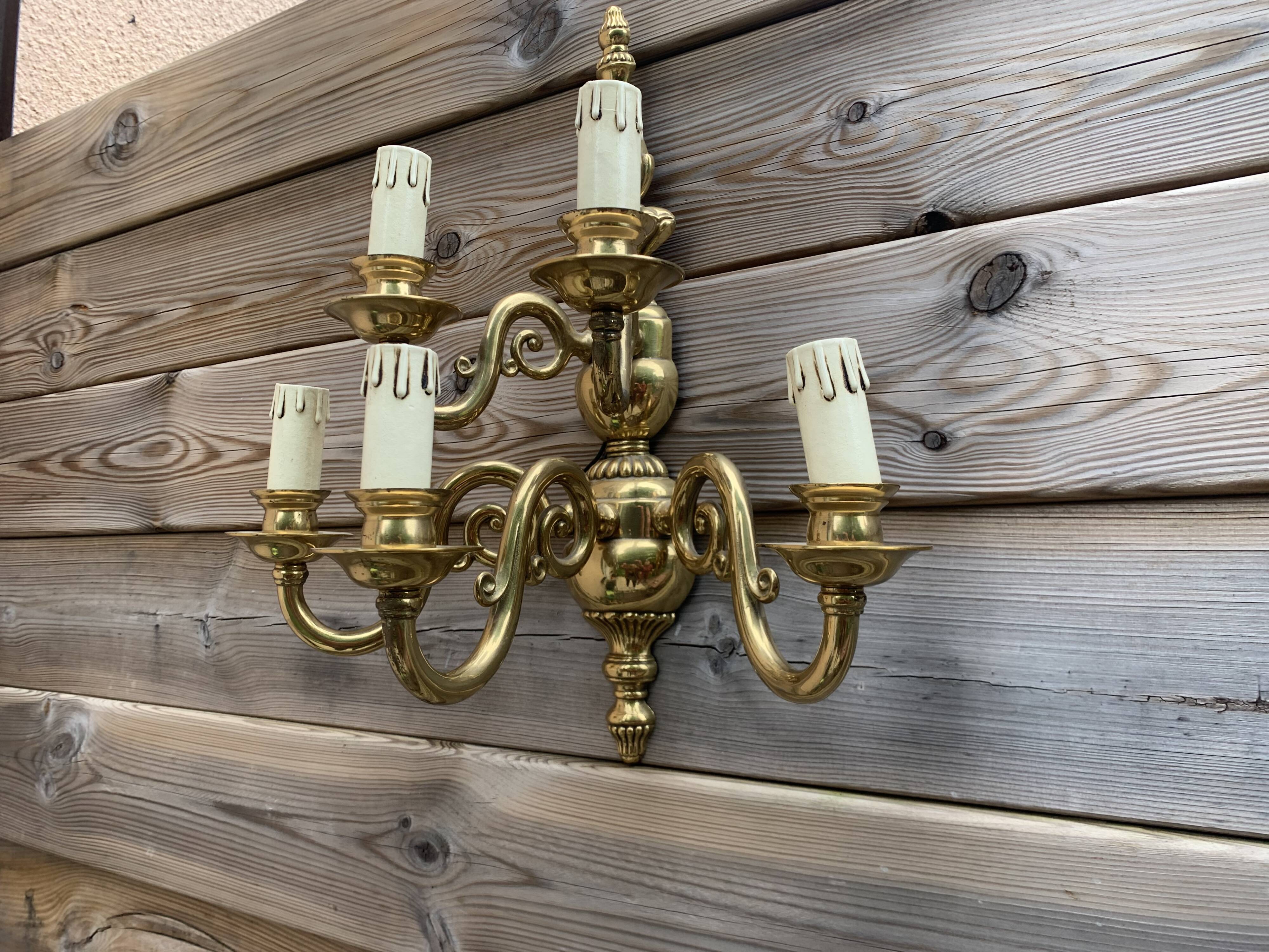 Large Pair of Dutch Style 5-Branch Wall Lights in Brass, Gilded Bronze, 19th Century