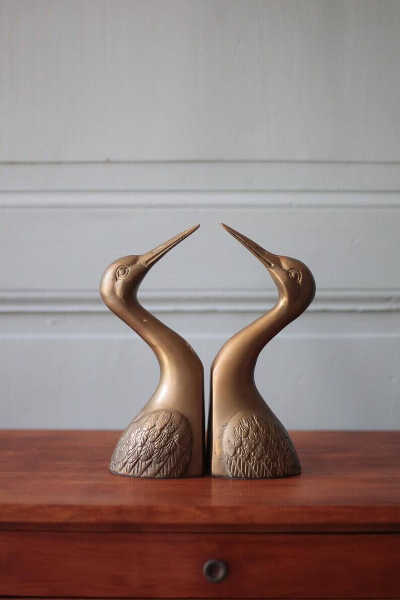 Vintage bookends, animal bookends, heron head, bird, brass sculpture, interior decor.