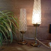 Duo of retro 50's bronze table lamps, diamond-tipped glass tube lampshades