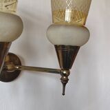 Vintage 50s wall light, 2 light arms, metal, brass and opaque glass tulip