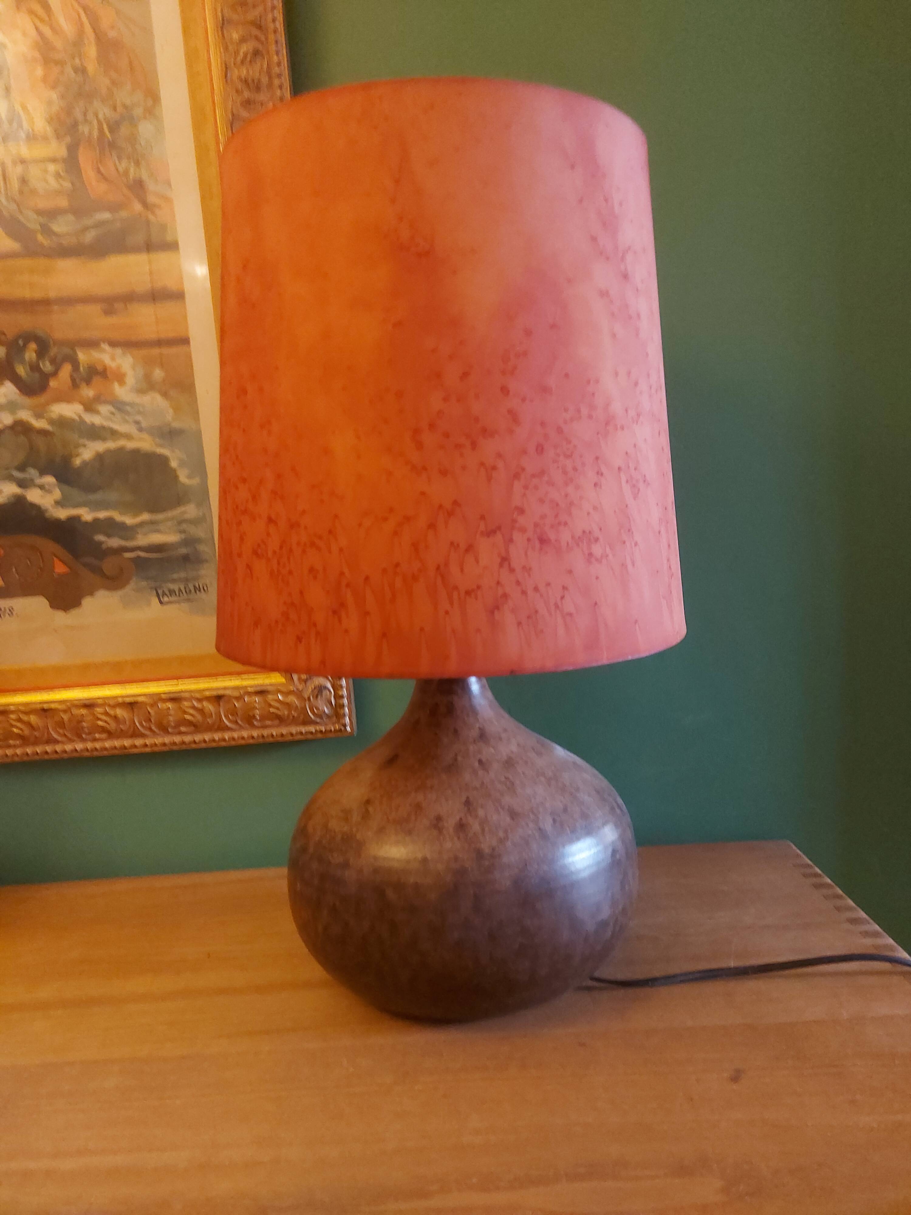 Ceramic (sandstone) lamp from the 50s, 60'S with silk lampshade