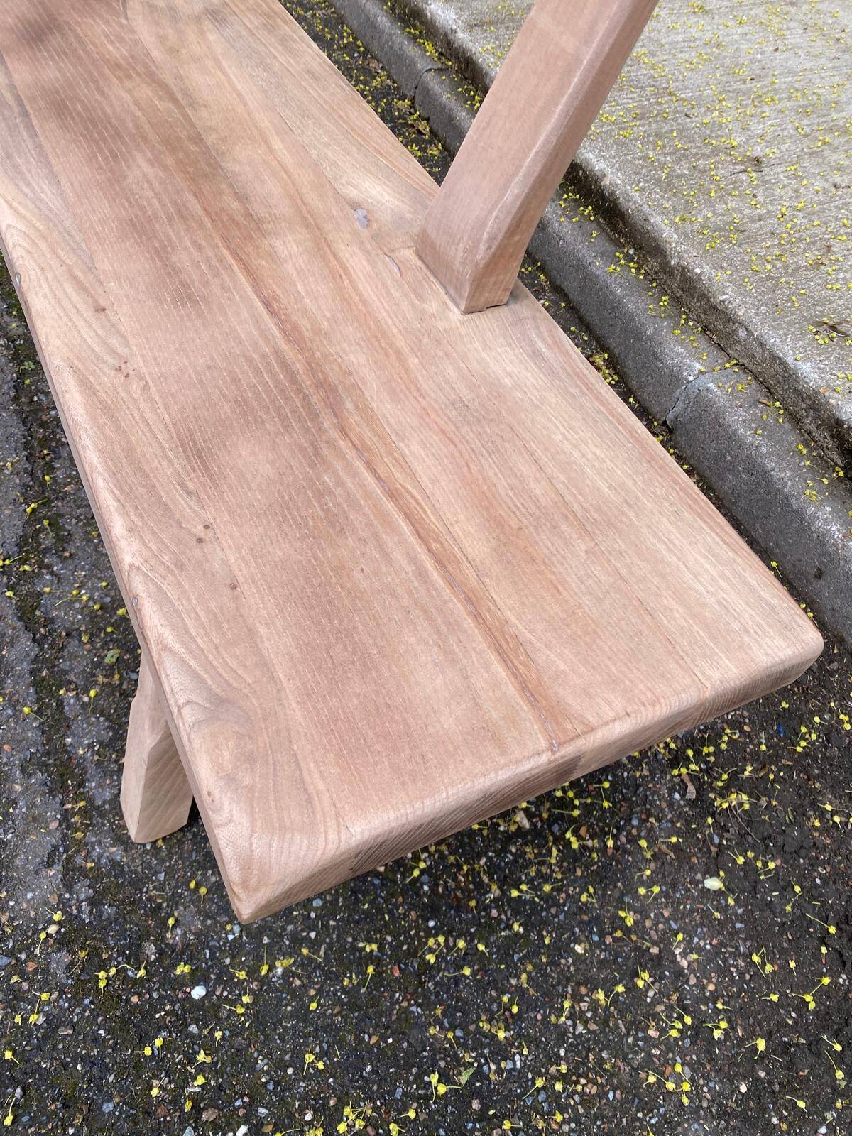 Renovated vintage farmhouse bench with a backrest in solid oak from the 20th century, 180cm.