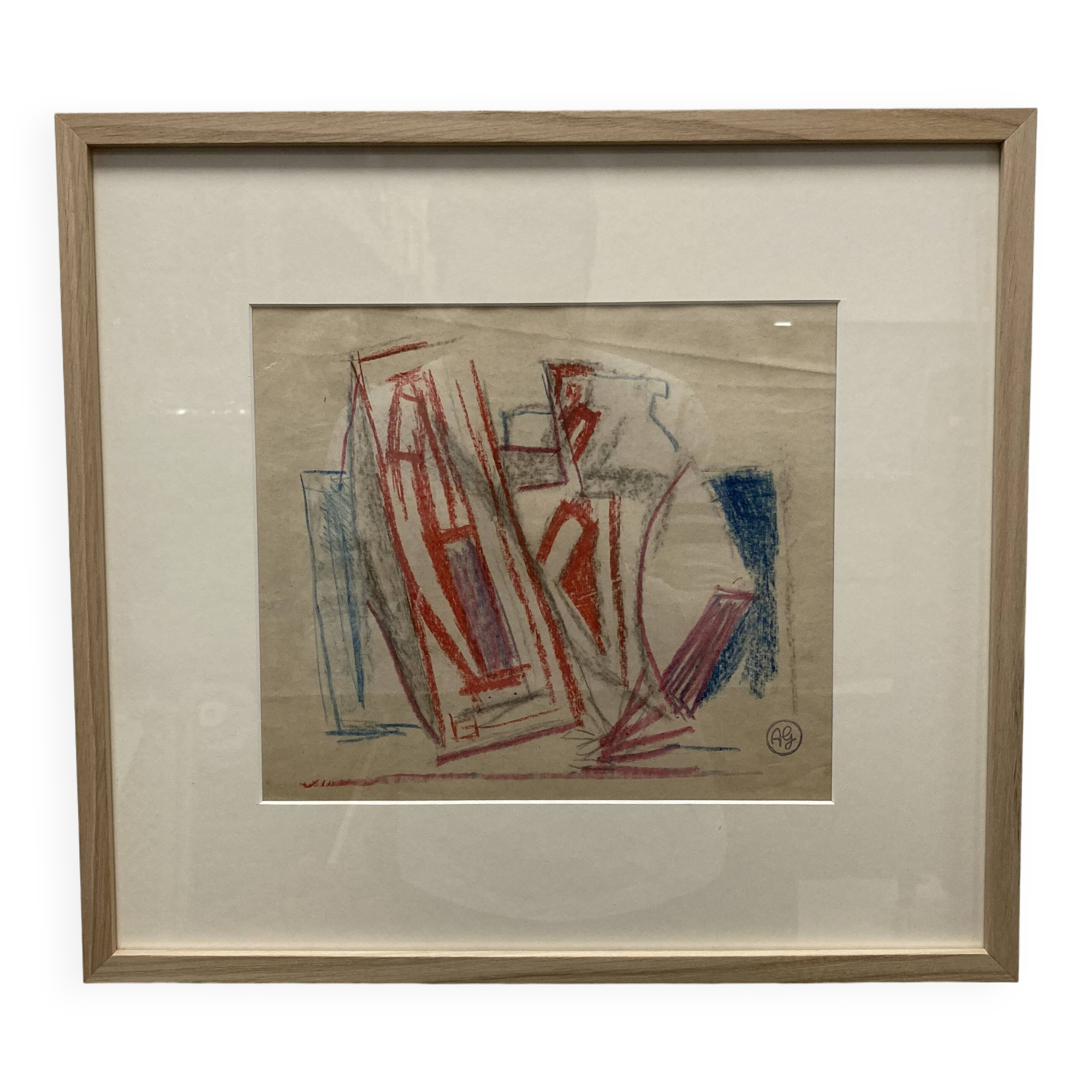 Alfred Gaspart (1900-1993), Cubist still life, pencil and oil pastel drawing framed
