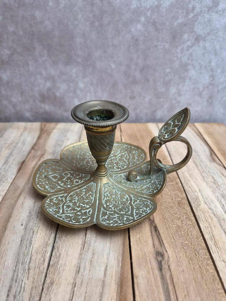 Antique brass candlestick La Ménagère Paris – floral decoration
