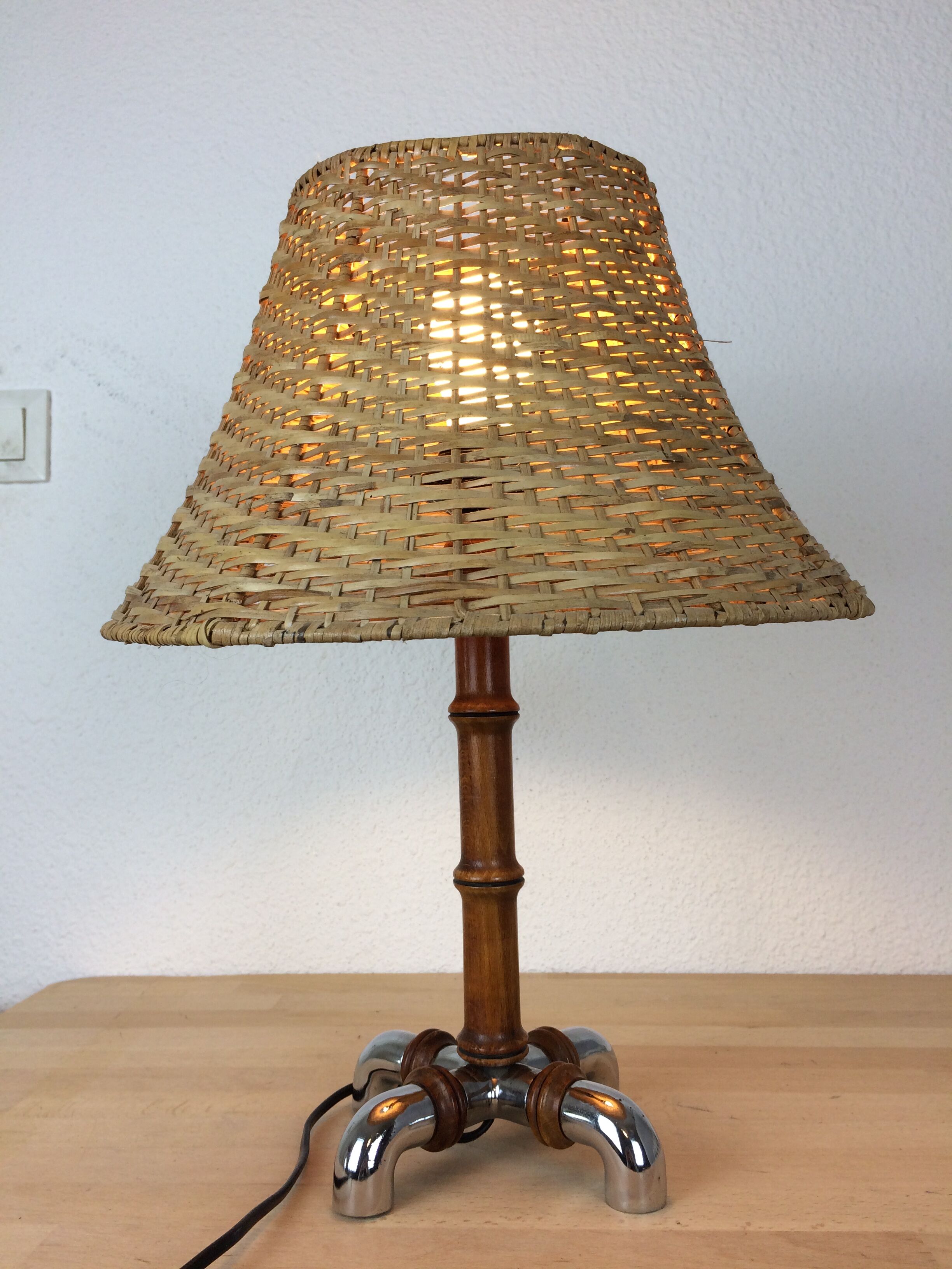 Organic wood lamp bamboo and chrome effect, 70s