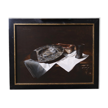 Still life with pewter dish, book and beaker – Marjolein van den Berg